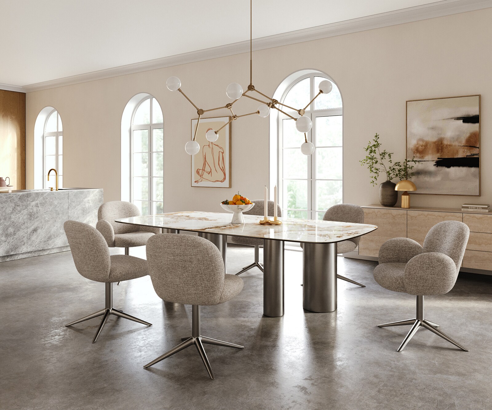 Eettafel Edge Boot 240x120 cm Keramiek Minas Melange Wit-Beige Pilier Roestvrij staal Grafiet 5