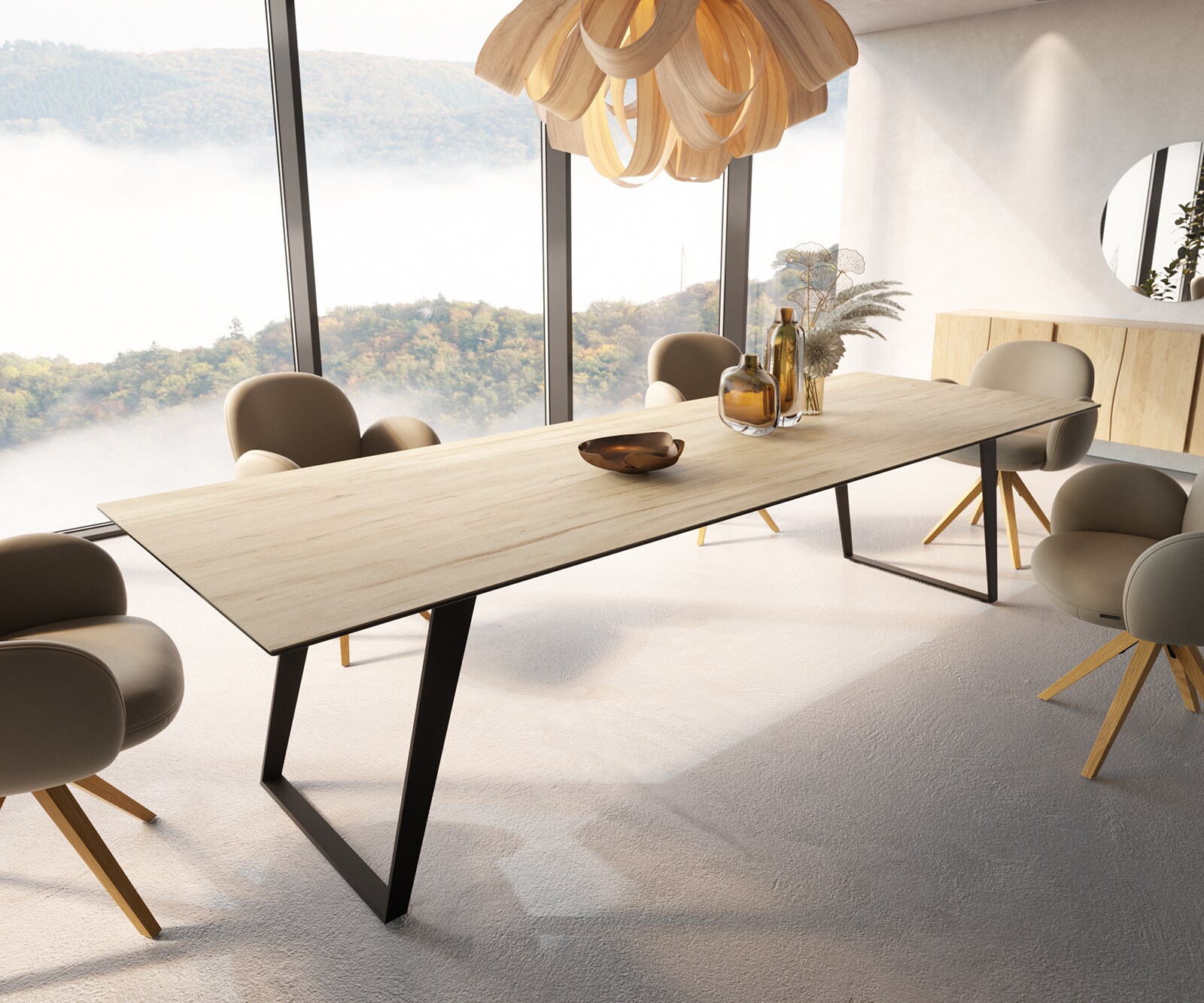 Eetkamertafel Edge 300x100 keramiek Laminam® Sabbia eiken kleur metaal schuin zwart