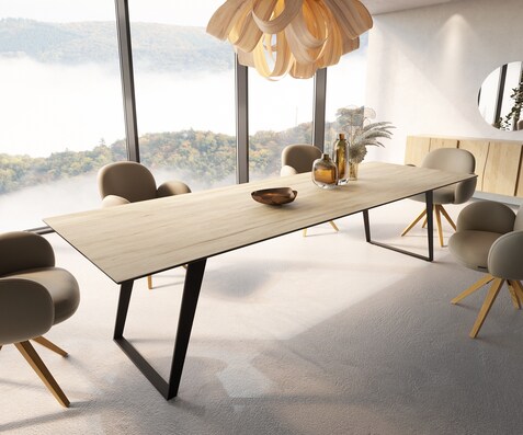 Eetkamertafel Edge 300x100 keramiek Laminam® Sabbia eiken kleur metaal schuin zwart