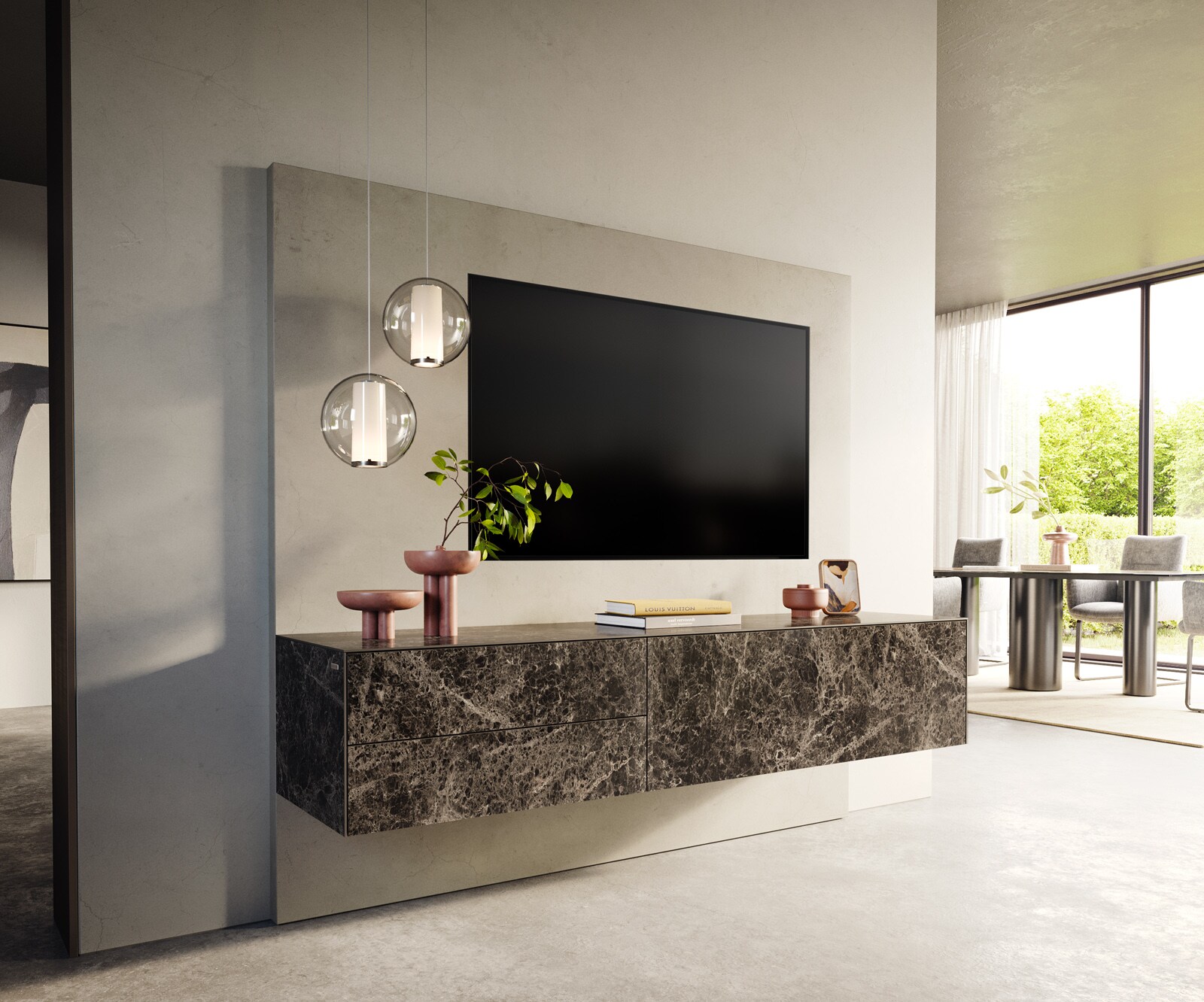 Tv-meubel Cuor 180 cm Keramiek Laminam® Emperador Extra Lucidato Donkerbruin 1 Flap 2 Laden Zwevend 1