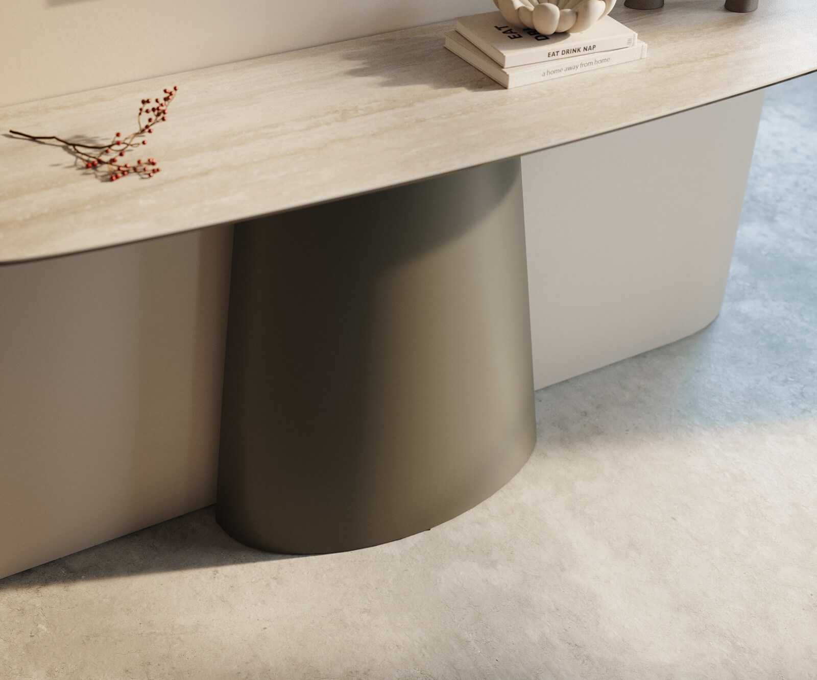 Consoletafel Edge Bootvorm 140x40 cm Keramiek Laminam® Travertino Bianco Creme-Weiß Conos Metaal Effektfinish Titan 6