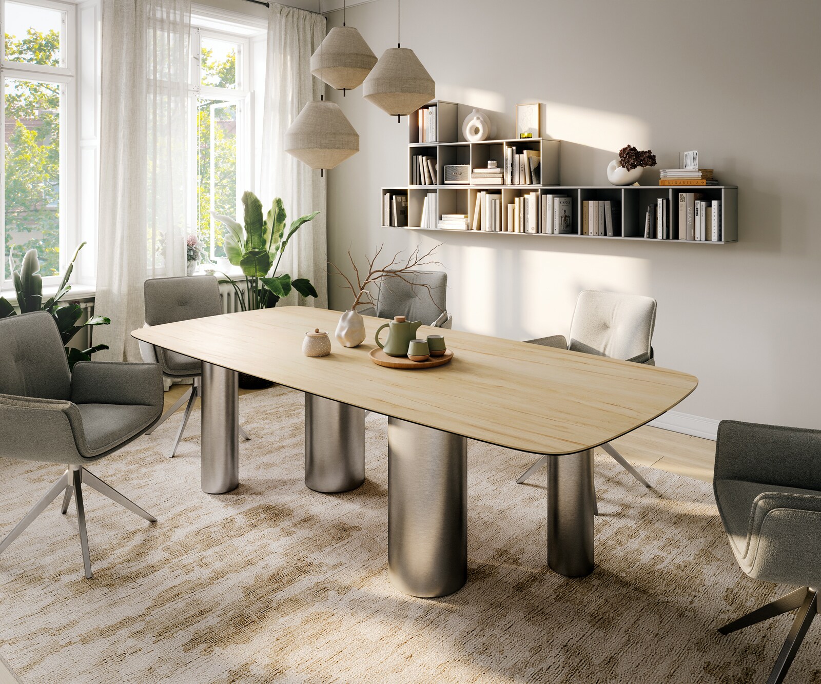 Eettafel Edge Boot 260x120 cm Keramiek Laminam® Sabbia Eichefarbig Pilier Roestvrij staal gebürstet 1