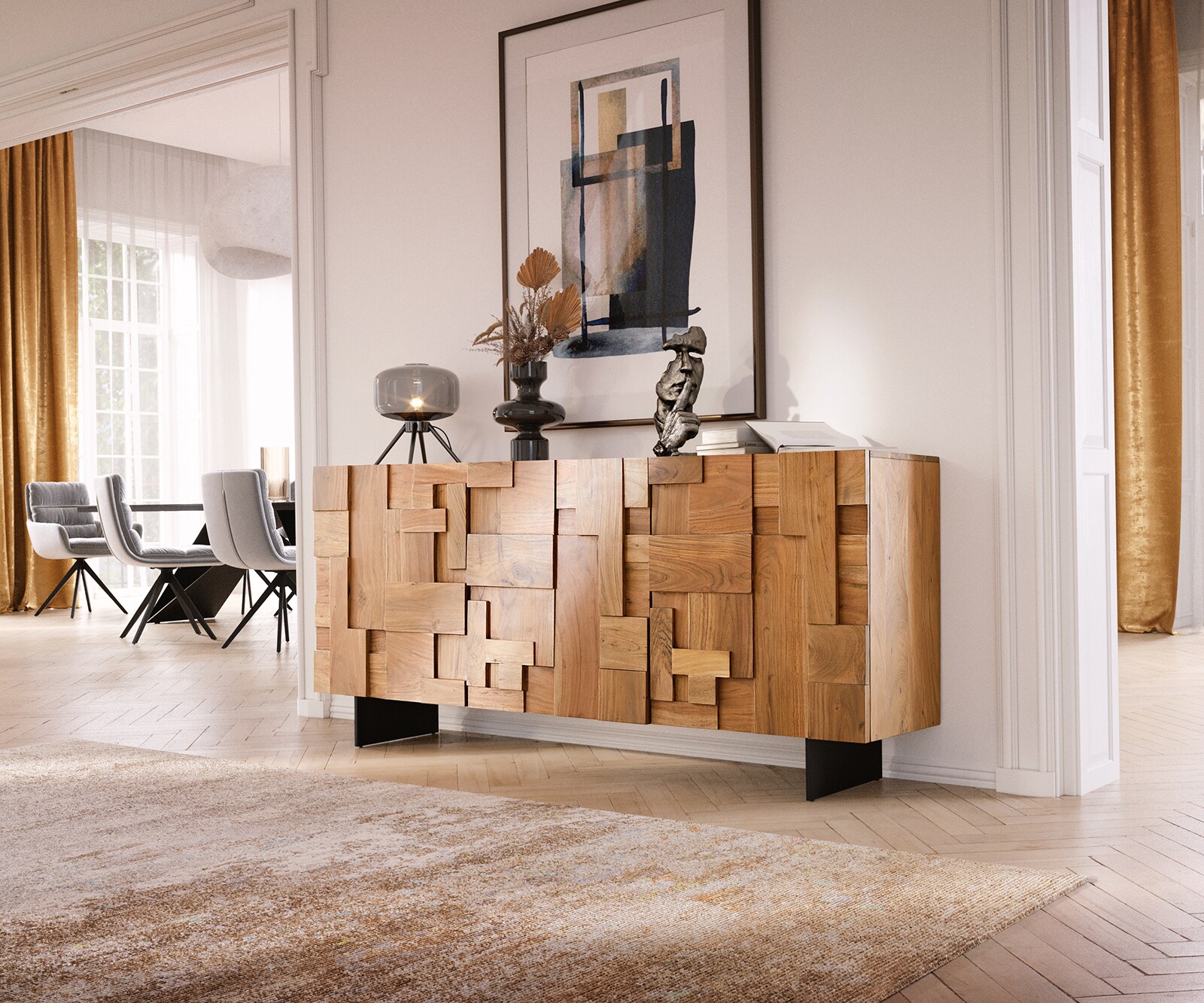 Dressoir Puzzle 175 cm acacia natuur 3 deurs poot zwevend metaal zwart