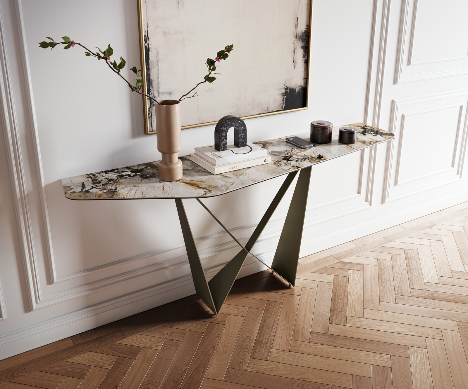 Consoletafel Edge Polygonaal 180x50 cm Keramiek Patagonia Poliert Spios Metaal Effektfinish Titan 1