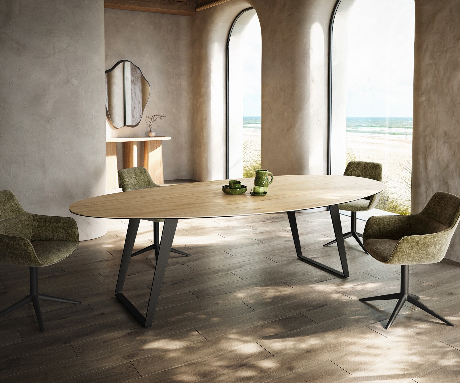 Eetkamertafel Edge Oval 280x130 cm Keramiek Laminam® Sabbia eikenkleurig Metaal Schuin Zwart