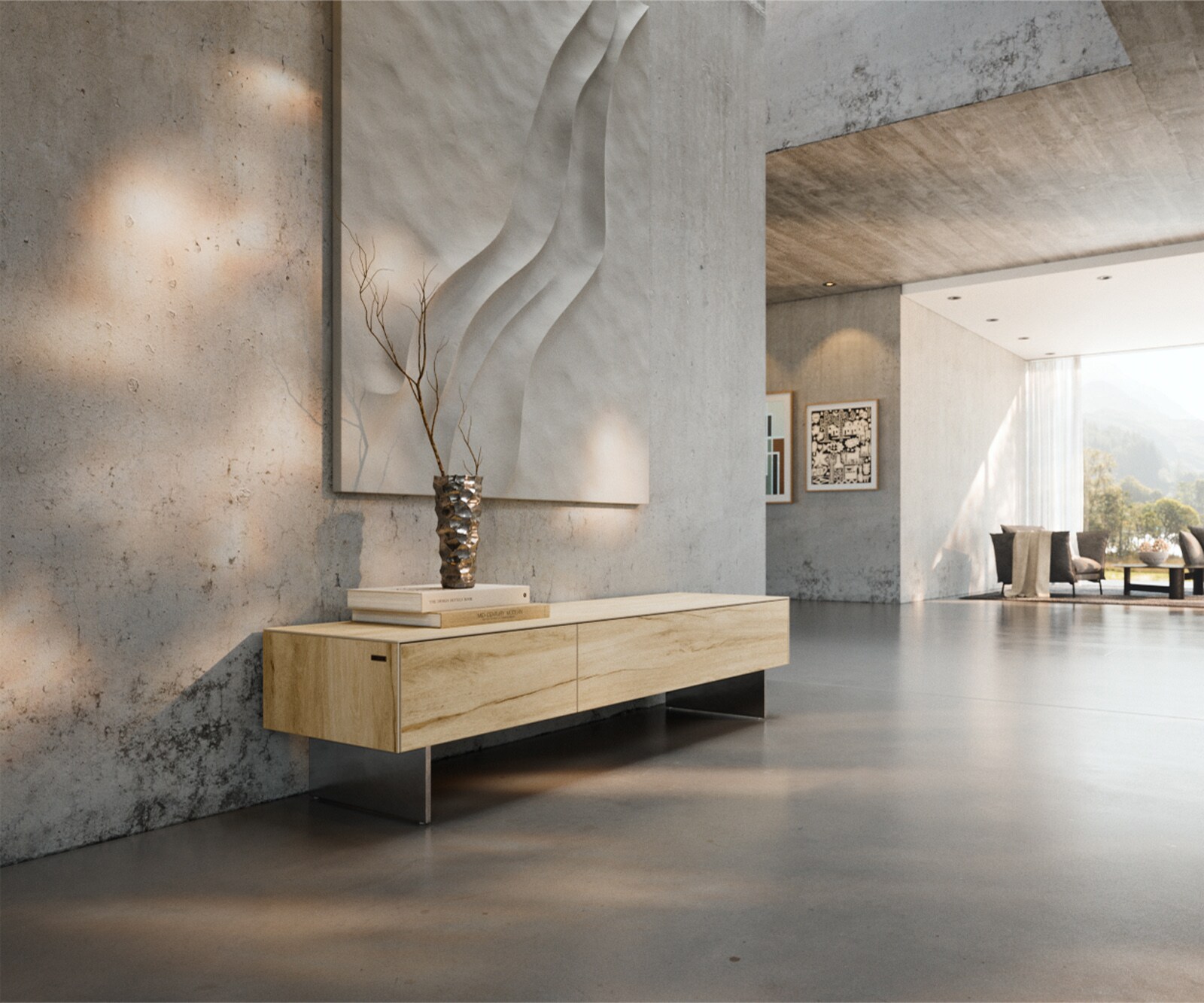 Tv-meubel Cuor 150 cm Keramiek Laminam® Sabbia Eiken gekleurd 1 Flap 1 Lade Zwevende voet look Roestvrij staal