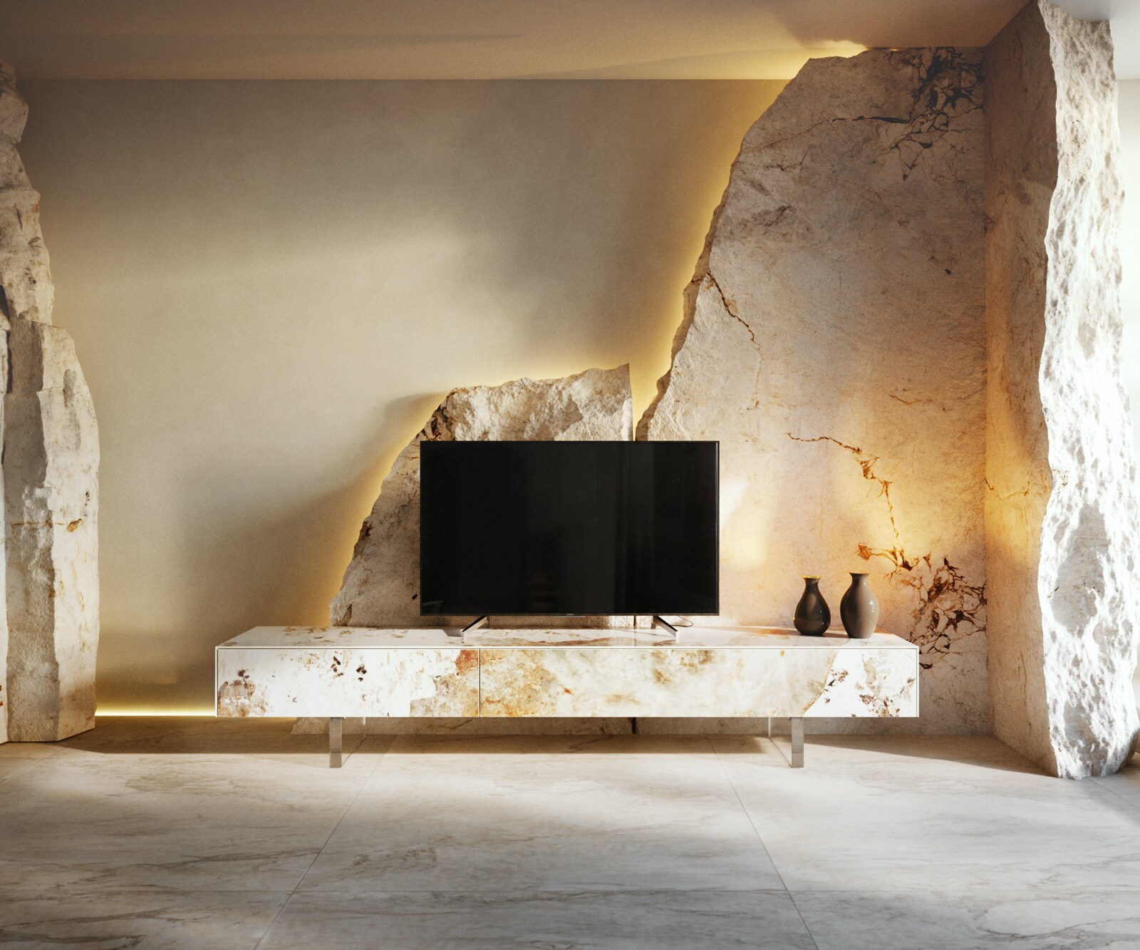 Tv-meubel Cuor 200 cm Keramiek Minas Melange Wit-beige 1 Flap 1 Lade Zwevende voet look Acrylglas
