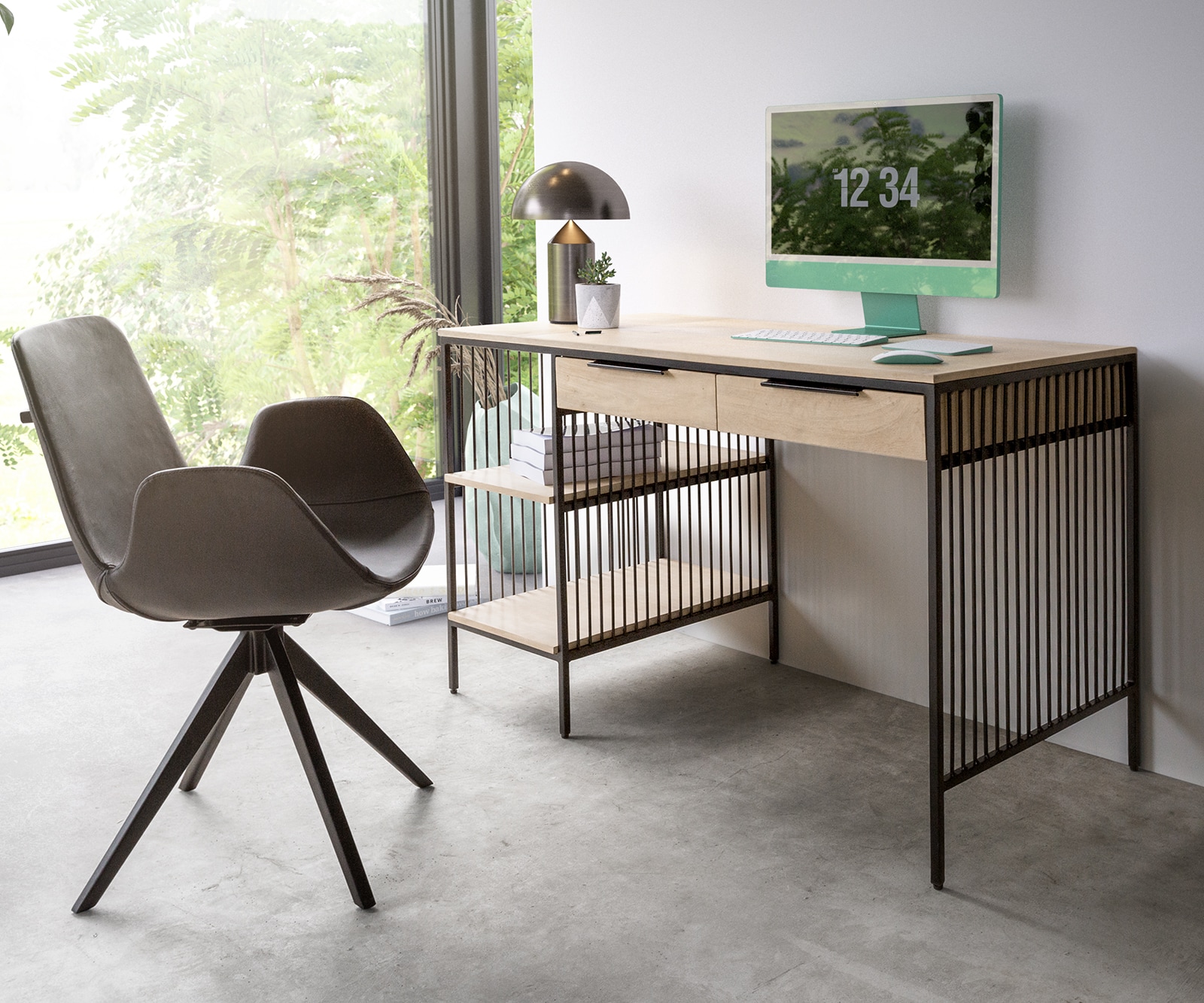 Bureau Libor 120x60 cm Mango White Wash metaal zwart 2 laden