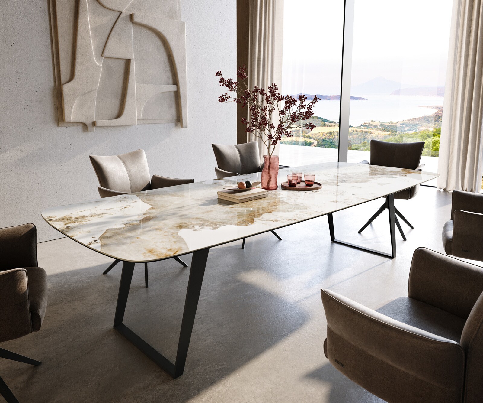 Eettafel Edge Boot 300x120 cm Keramiek Minas Melange Wit-Beige Metaal Schräg Zwart 1