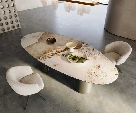 Eettafel Edge ovaal 280x130 keramiek Minas Melange wit-beige Troa metaal effect afwerking titanium