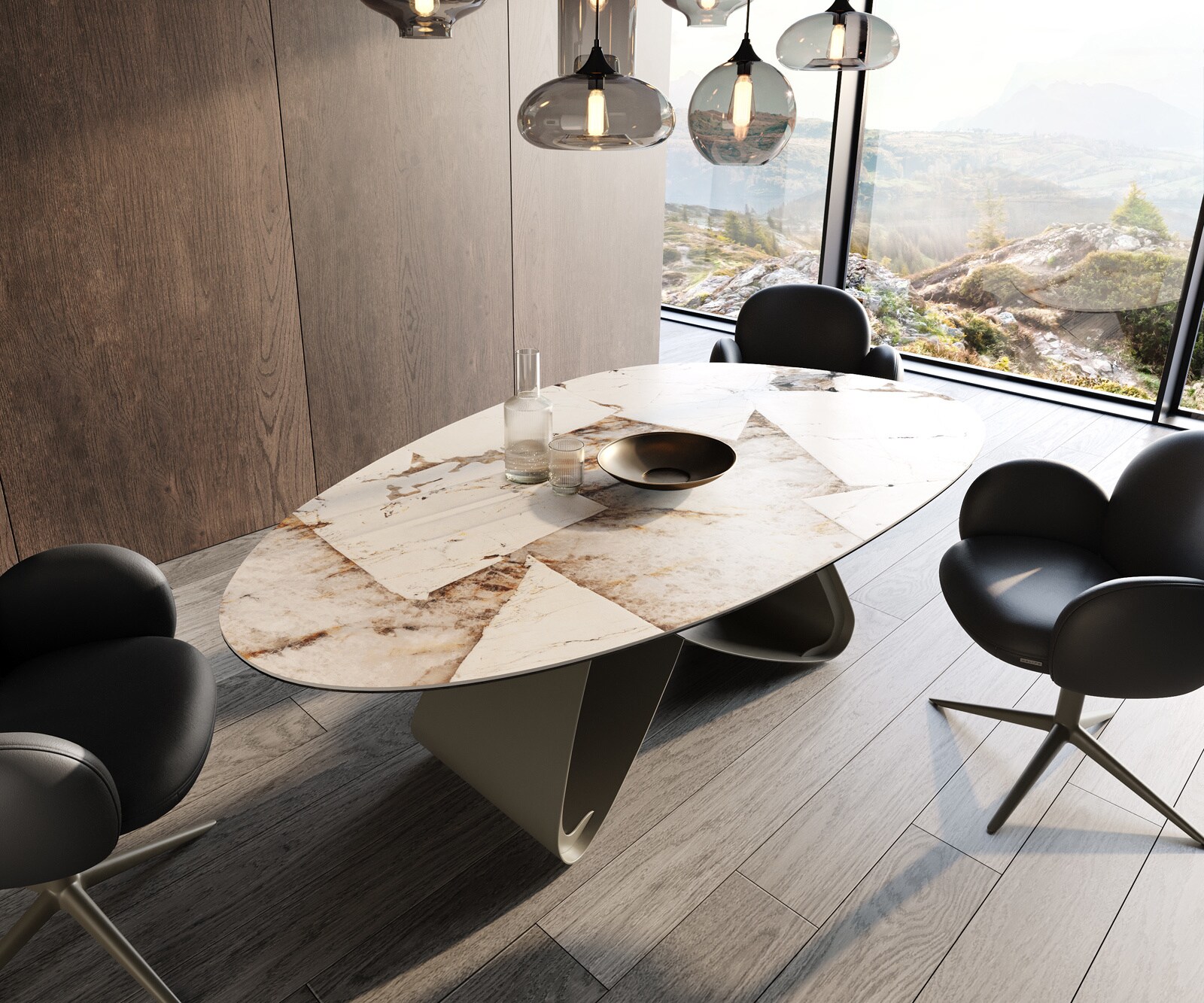 Eettafel Edge Oval 220x120 keramiek  Iris FMG Patagonia Lappato W-frame metaal effectafwerking Titan 1