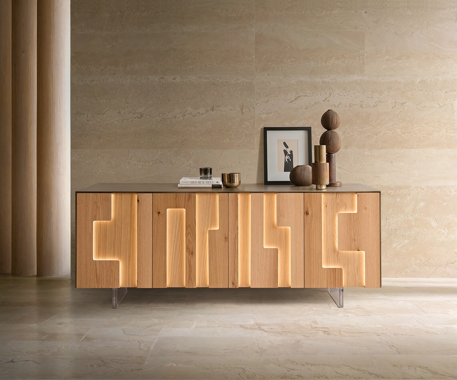 Dressoir Taka 200 cm metaal goud 4 deuren acrylpoot