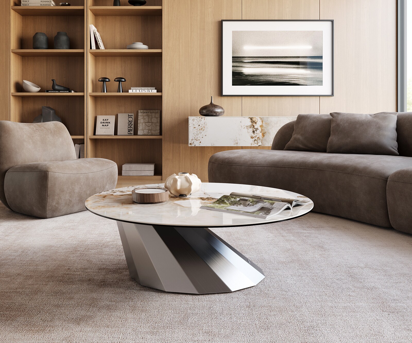 Salontafel Edge rond 100x100 cm keramiek Minas Melange Parabi geborsteld roestvrij staal 1