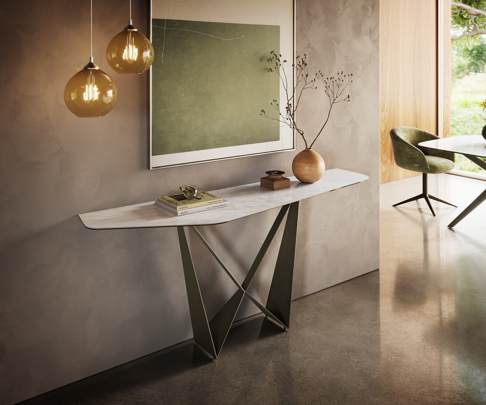 Consoletafel Edge Polygonaal 180x50 cm Keramiek Onyx Pearl Spios Metaal Effektfinish Titan 1
