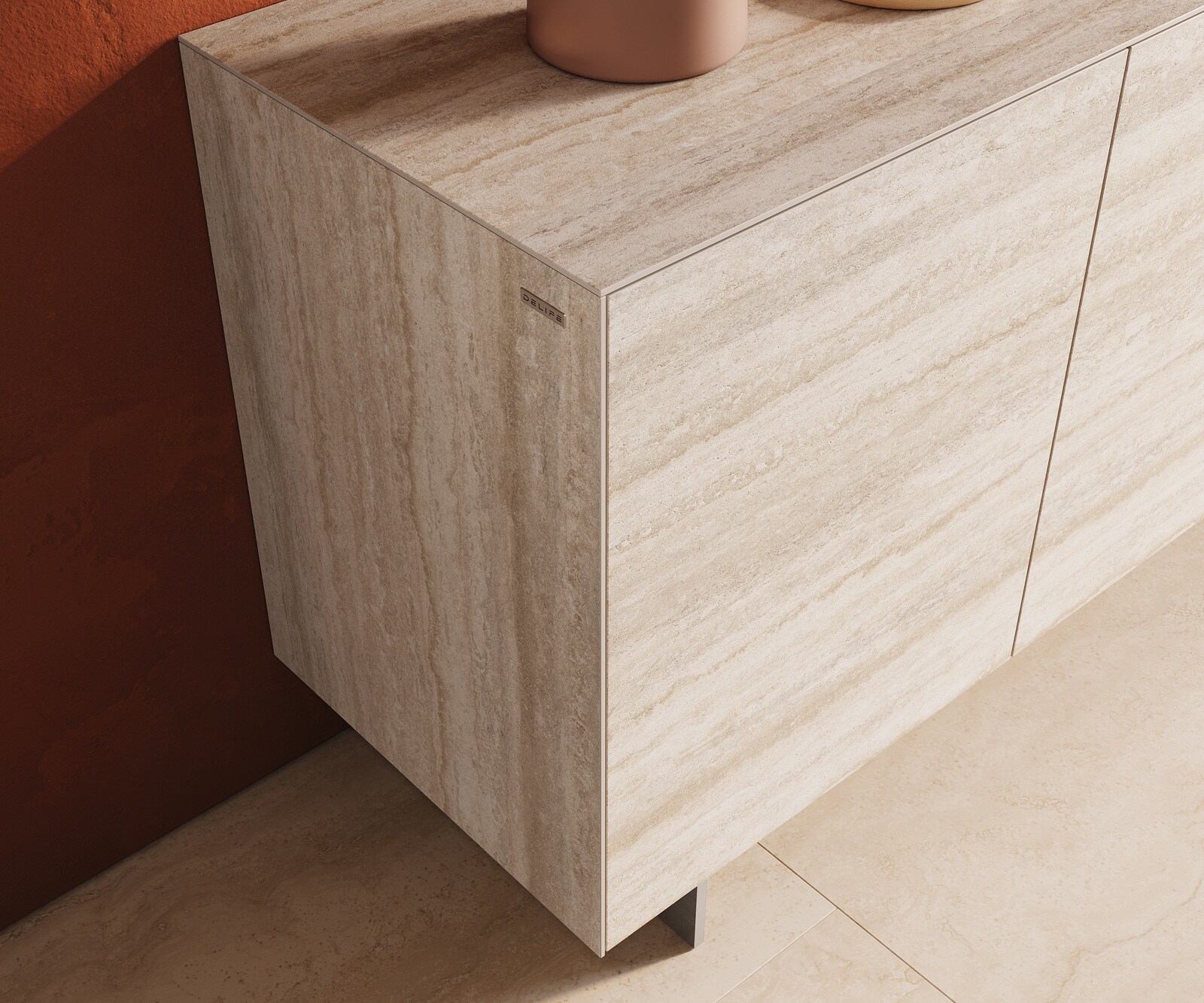 Dressoir Cuor 150 cm Keramiek Laminam® Travertino Bianco Crème-wit 3 Deuren Zwevende voet look Roestvrij staal 6
