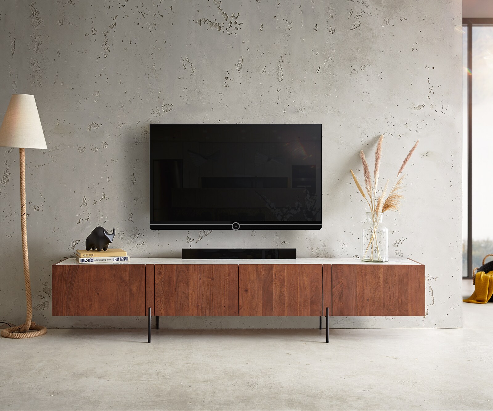 Tv-meubel Secara acacia marmeren blad witte 4