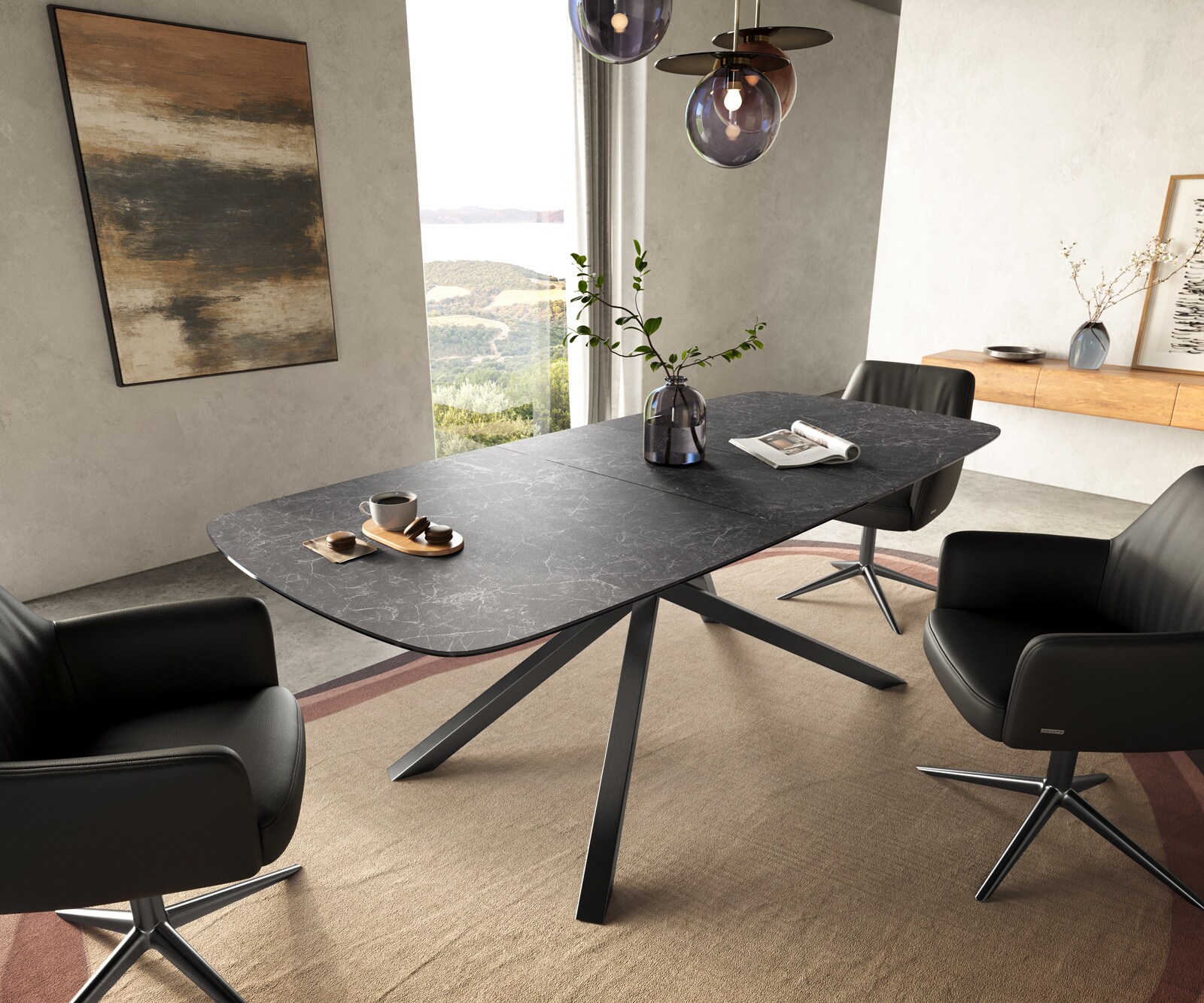 Eettafel Edge Boot 180-220x100 cm Keramiek Laminam® Nero Greco Anthrazit kruisonderstel Rechthoek Roestvrij staal Grafiet uitschuifbaar 1