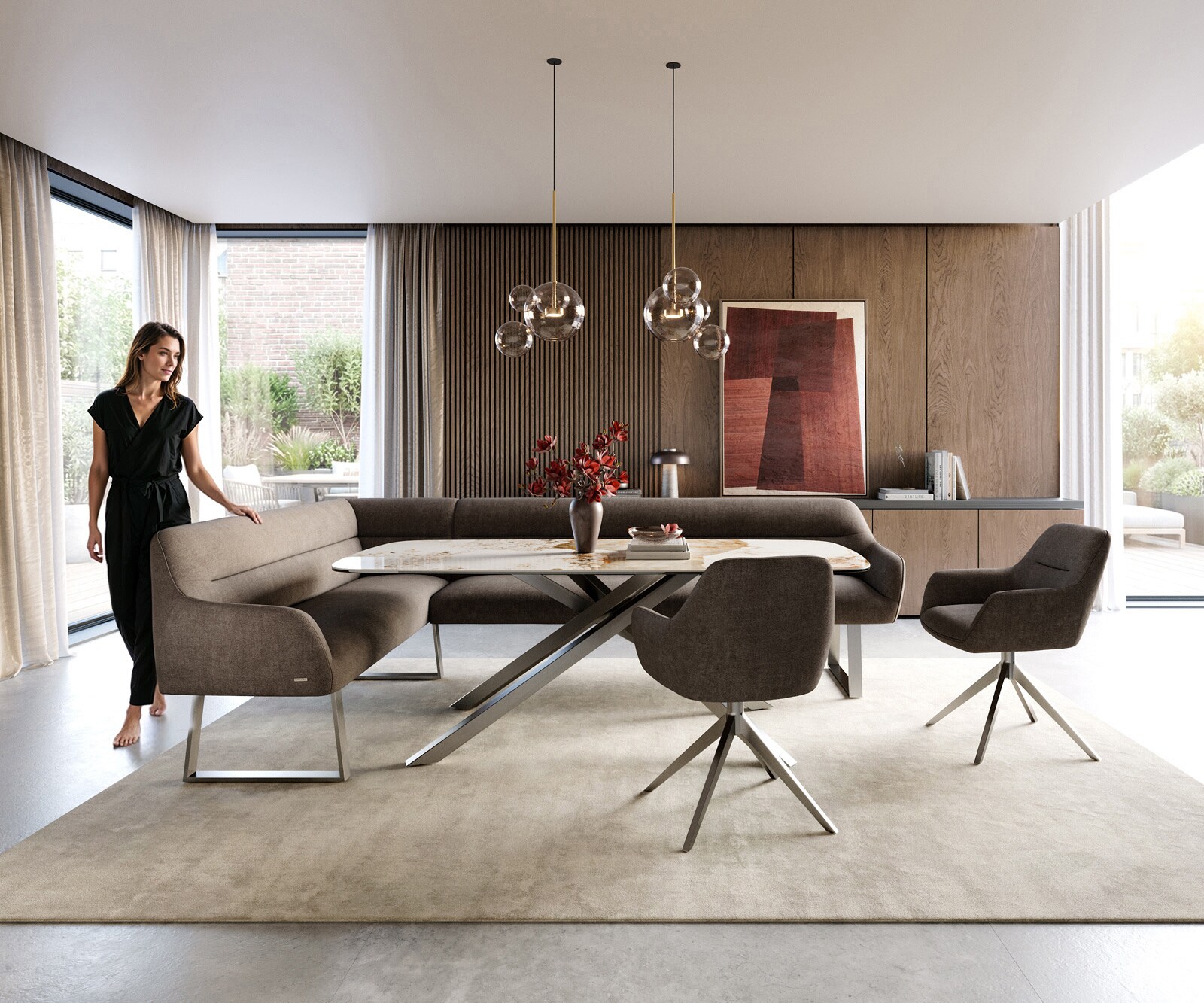 Eetkamerbank Taya-Flex 285x190 cm zachte stof met structuur taupe gekant sledeframe roestvrij staal pocketvering rechts 2