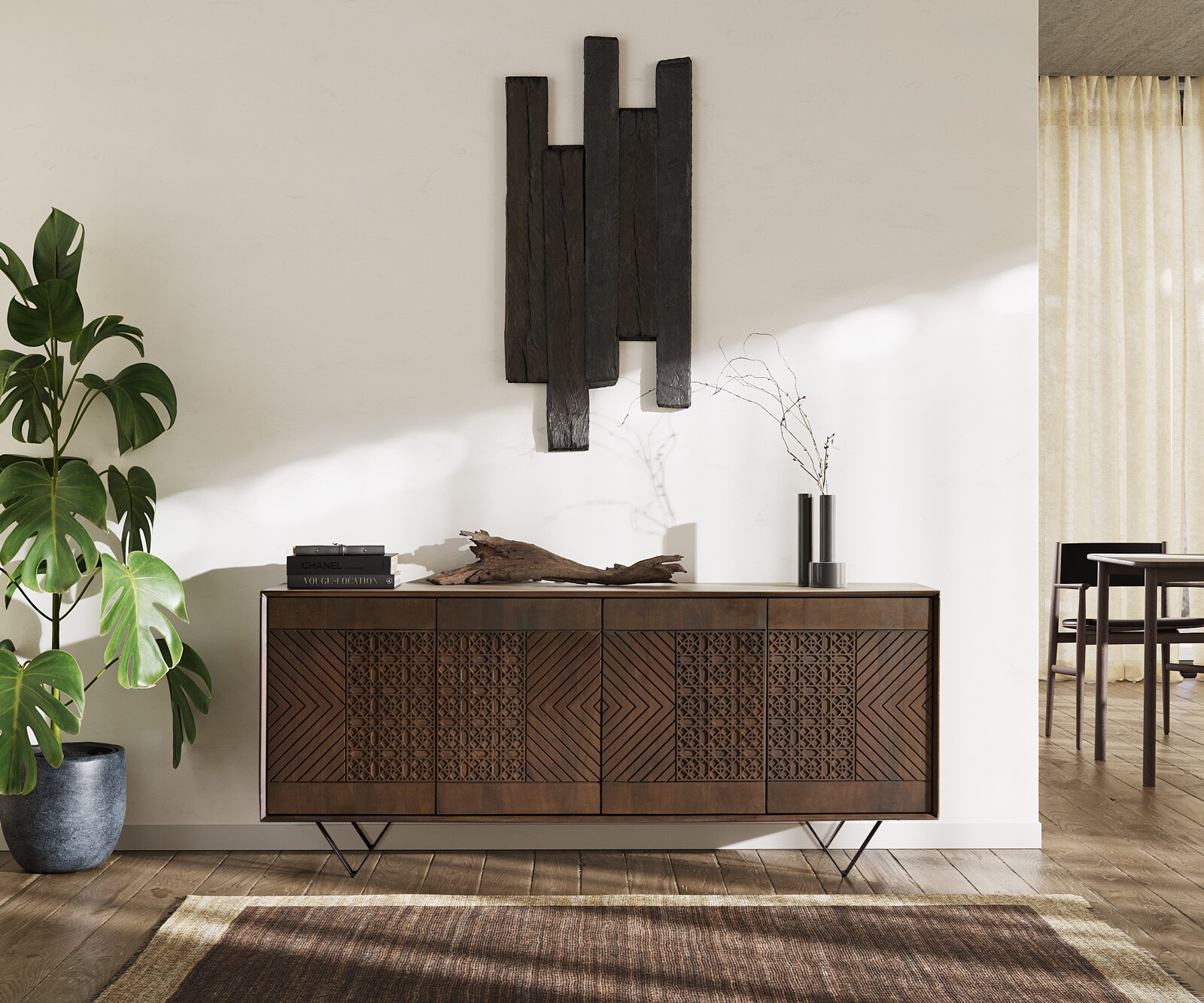 Dressoir Manjula 170 cm mangohout bruin 4 deuren V-poot metaal zwart 1 Dressoir Manjula 170 cm mangohout bruin 4 deuren V-poot metaal zwart 1