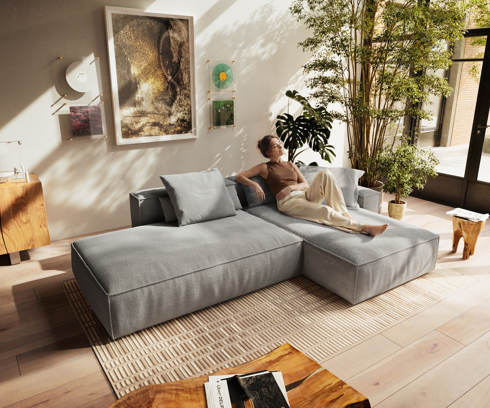 Hoekbank Freestyle 310x200 cm Zachte stof met structuur Grijs kedernaad 3