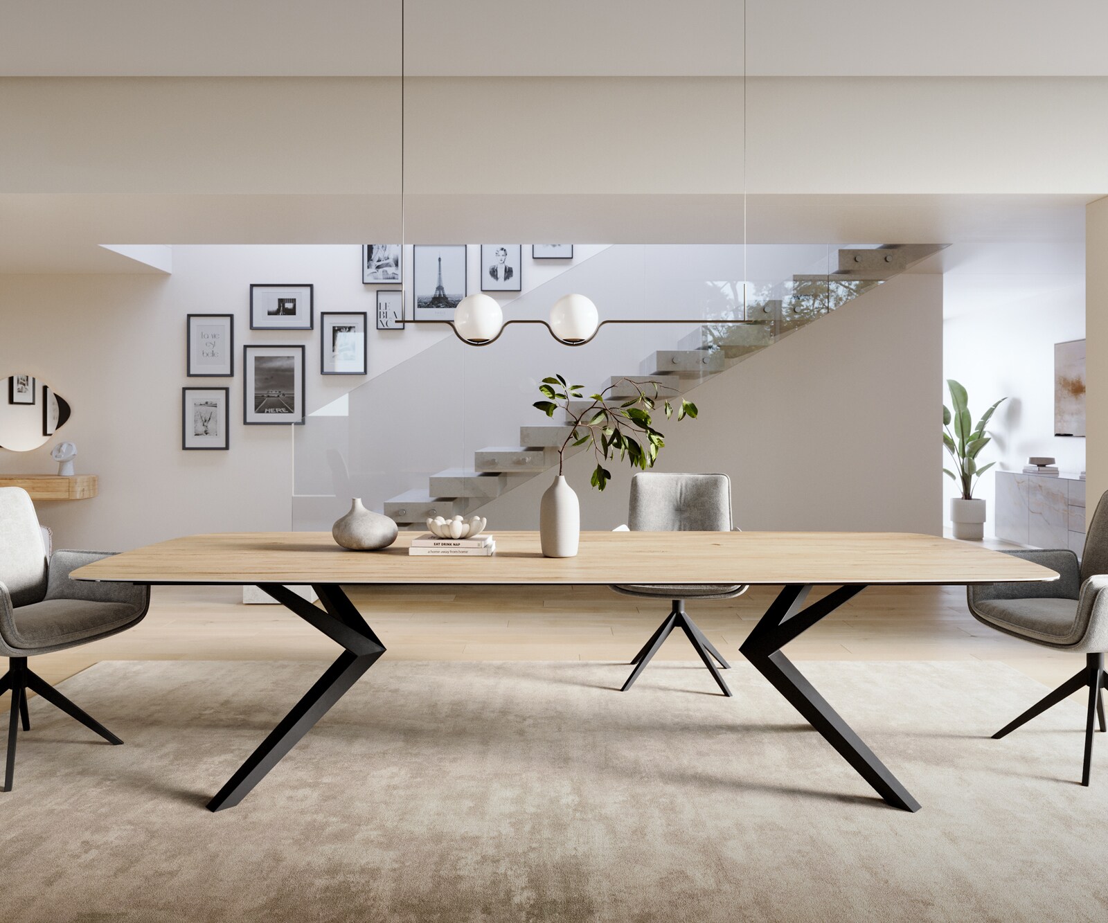 Eettafel Edge Boot 300x120 cm Keramiek Laminam® Sabbia Eichefarbig Zenthara hoekig Metaal Zwart 2