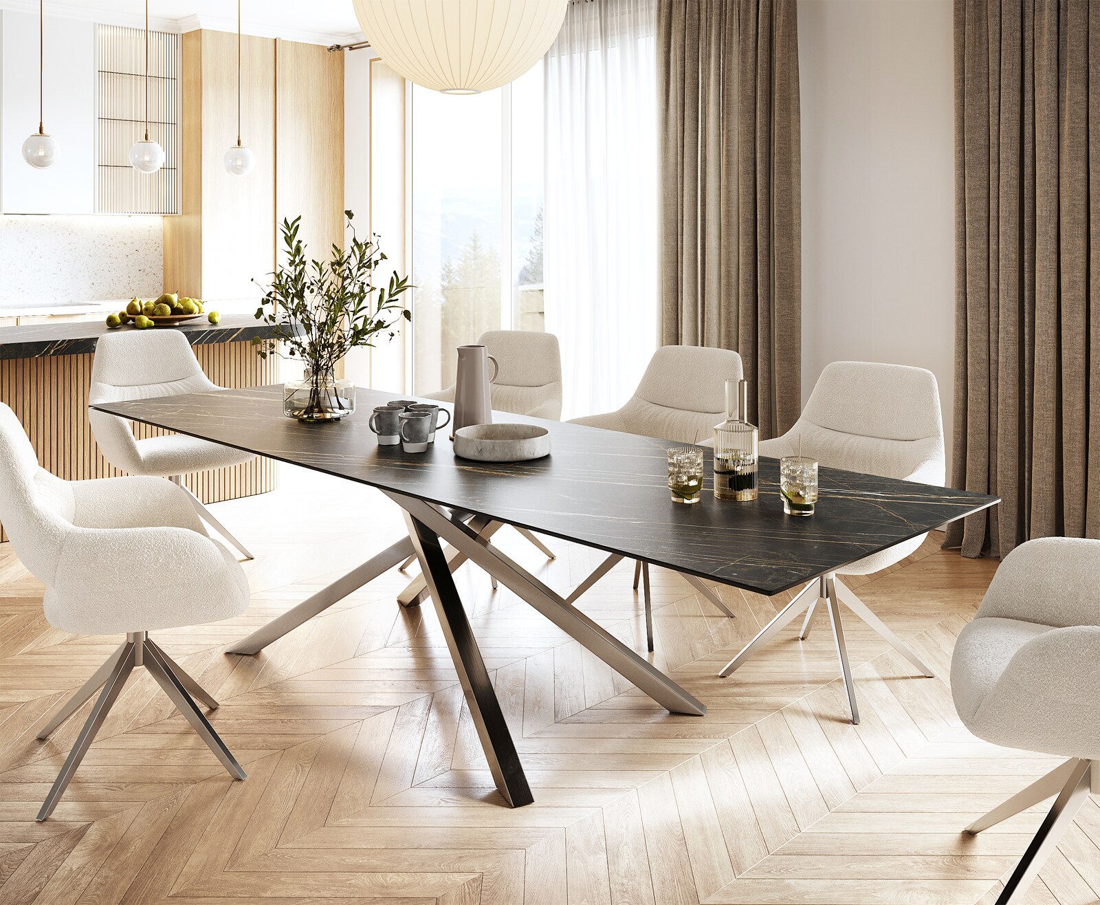 Eettafel Edge 300x100cm Laminam® keramiek bruin middenpoot kruis zilver 1