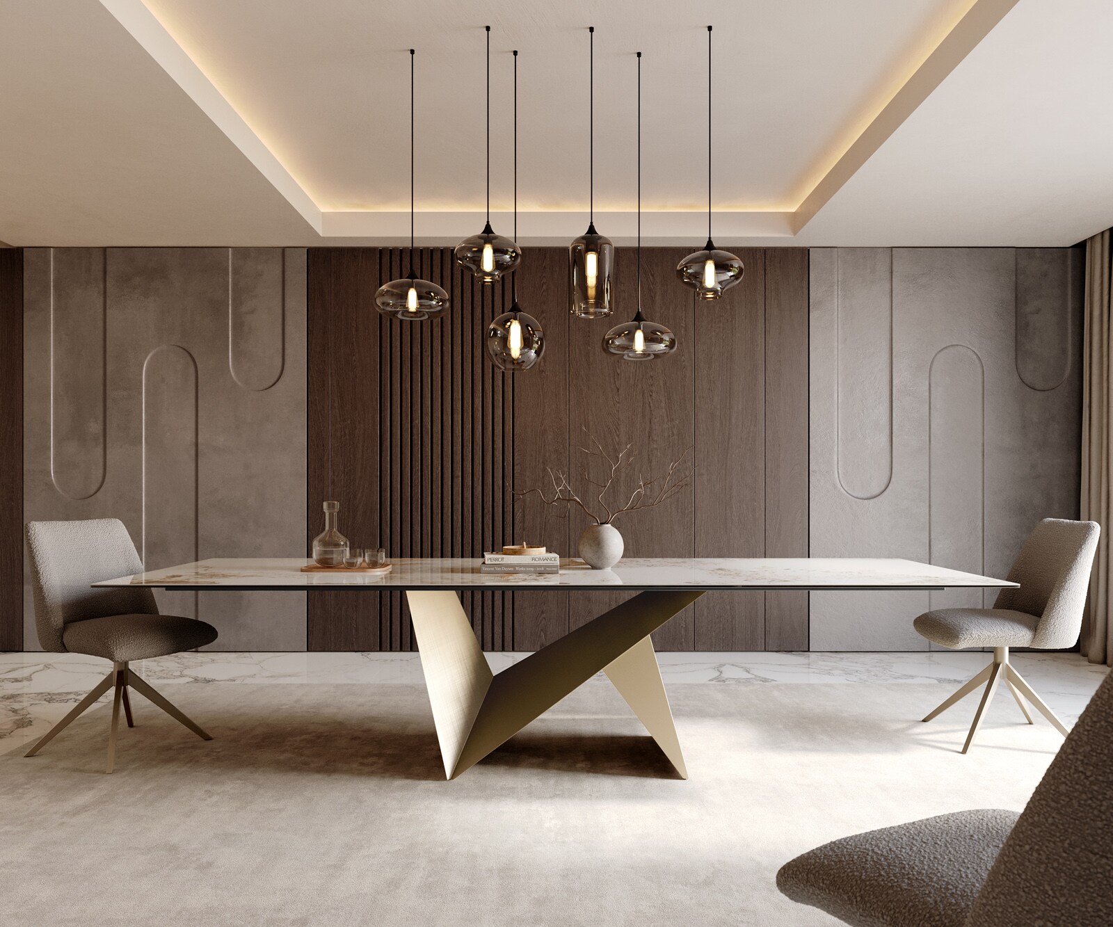 Eettafel Edge 300x100 keramiek  Minas Melange wit-beige  Origami metaal goud 2