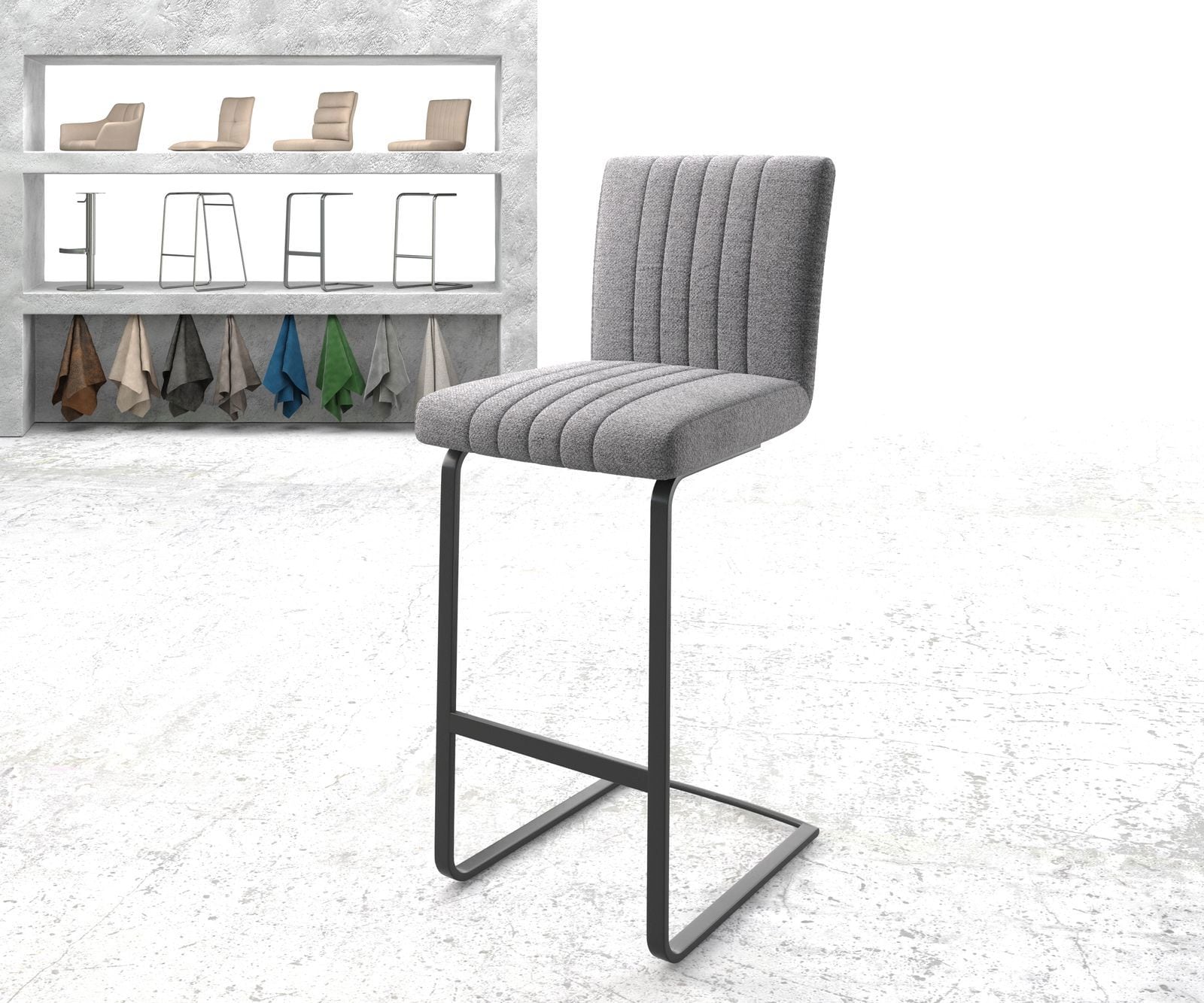 Barstoel Luiga-Flex structuurstof lichtgrijs sledestoel vlak metaal Barstoel Luiga-Flex structuurstof lichtgrijs sledestoel vlak metaal