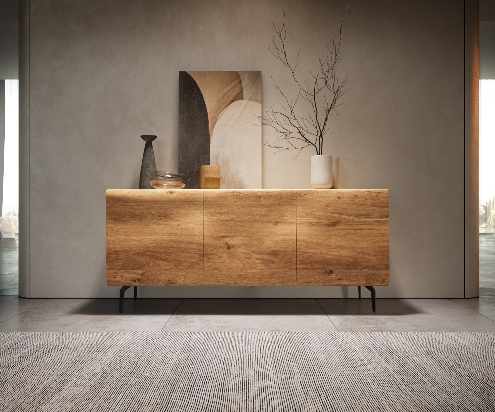 Dressoir New Live-Edge 145 cm natuur eiken 3 deuren Hoekpoot metaal zwart