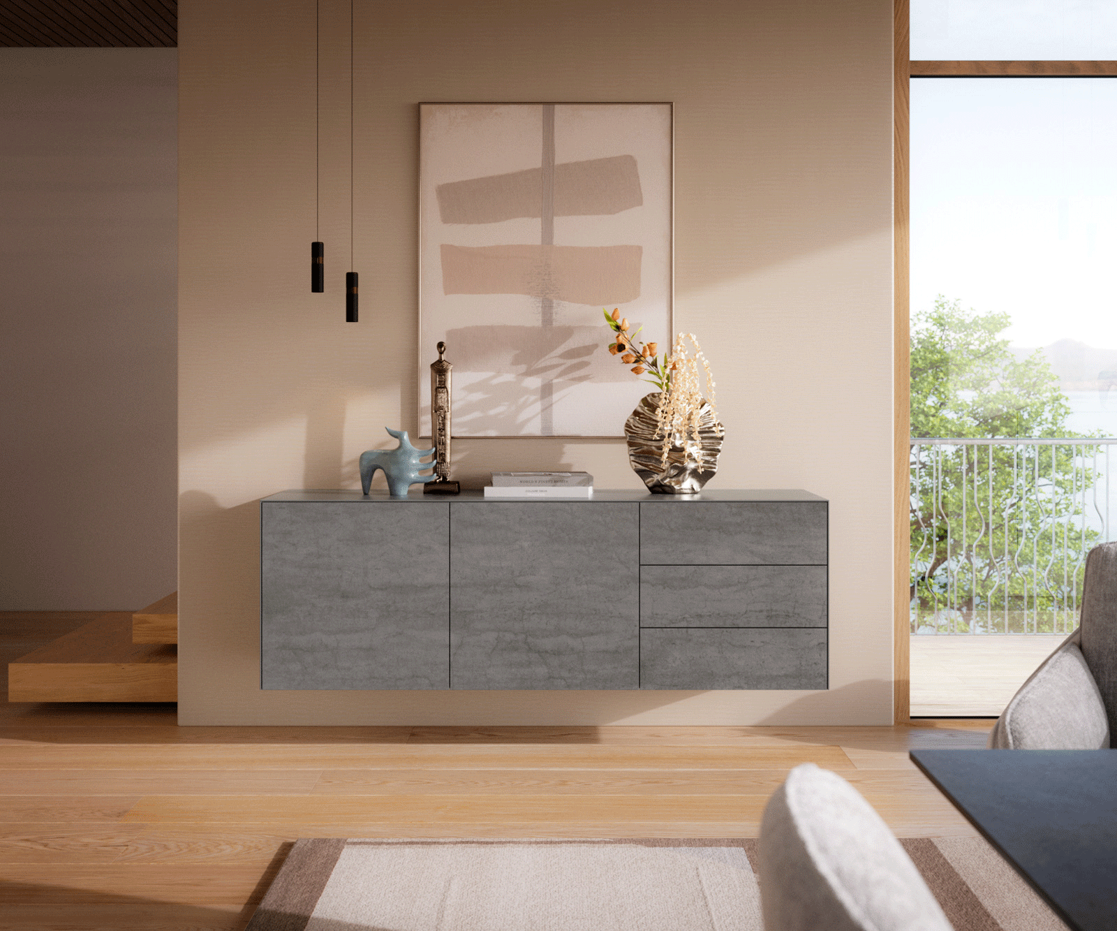 Dressoir Cuor 180 cm Keramiek Beton Grijs 2 Deuren 3 Laden Zwevend 2
