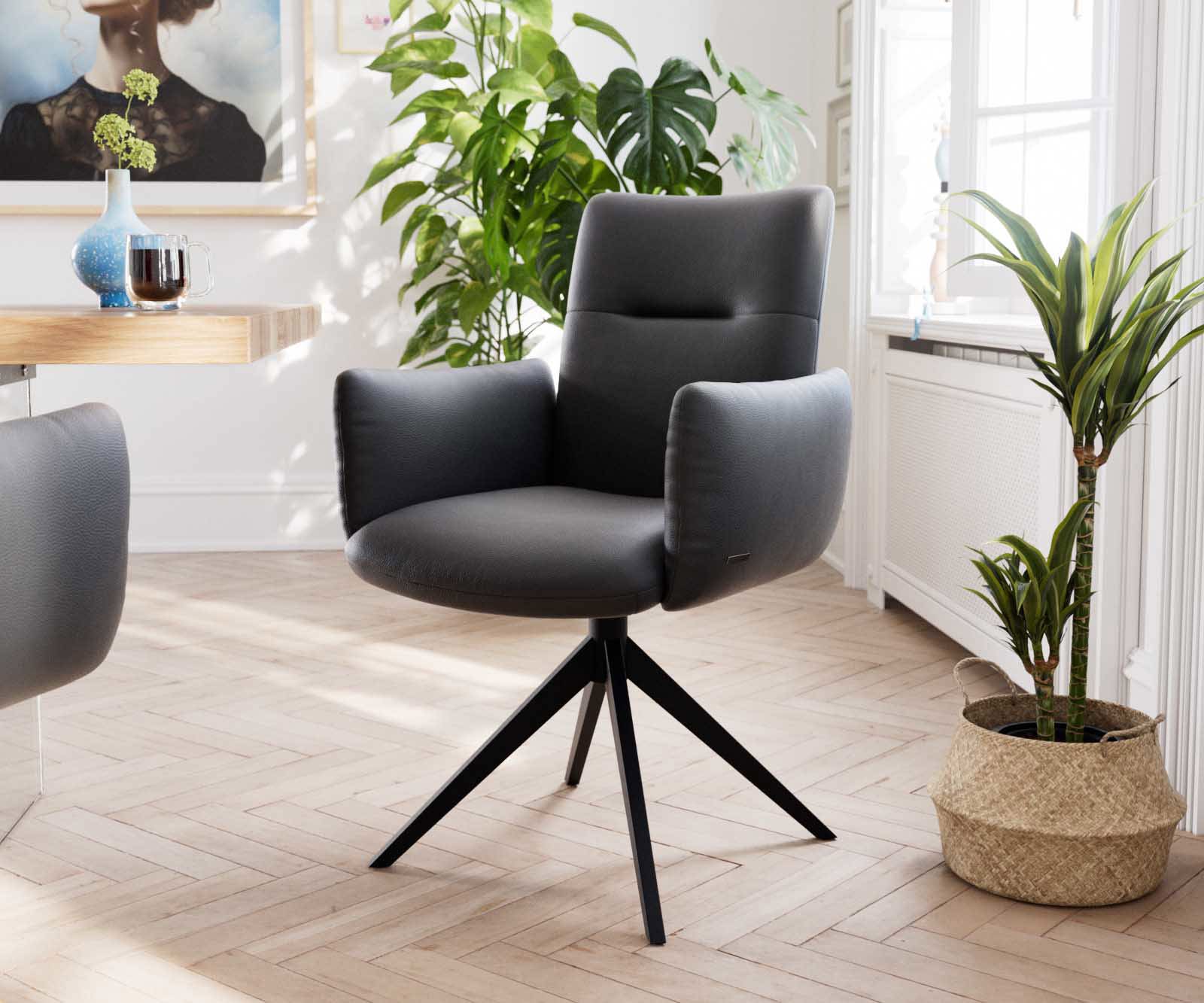 Draaistoel Jova-Flex met armleuning echt leer zwart kruisframe breed zwart 360° draaibaar pocketveer kern