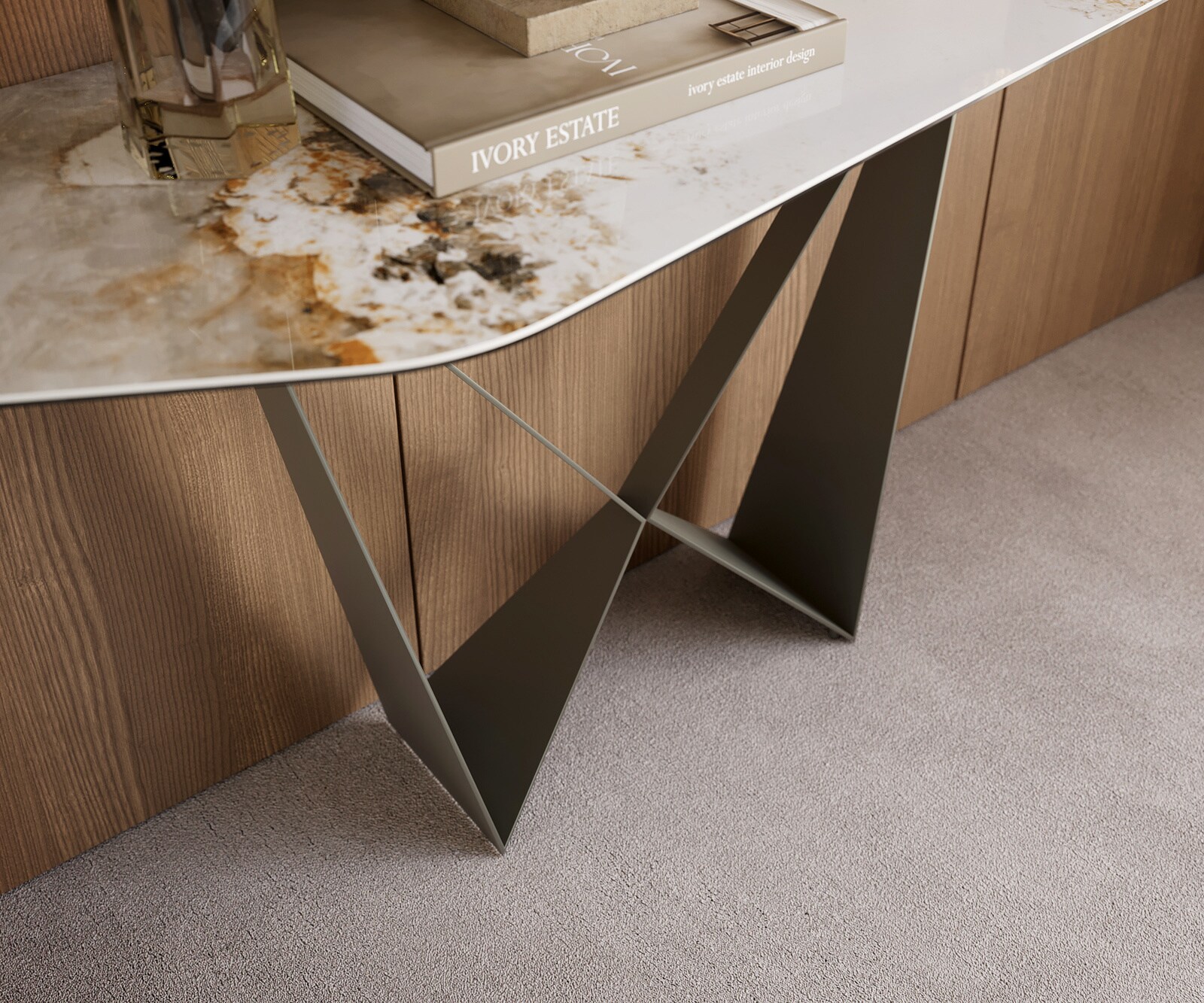 Consoletafel Edge Polygonaal 180x50 cm Keramiek Minas Melange Weiß-Beige Spios Metaal Effektfinish Titan 6