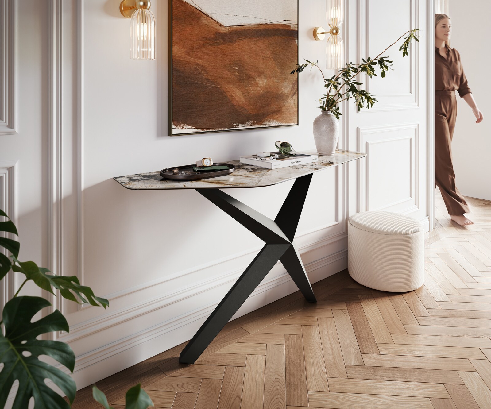Consoletafel Edge Polygonaal 140x50 cm Keramiek Patagonia Poliert Zentharo Metaal Zwart 1