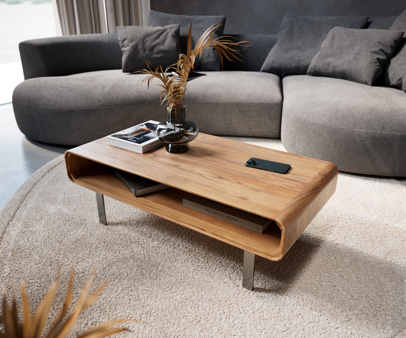 Salontafel Anaya 100x50 cm natuur acacia 1 vak L-poot roestvrij staal