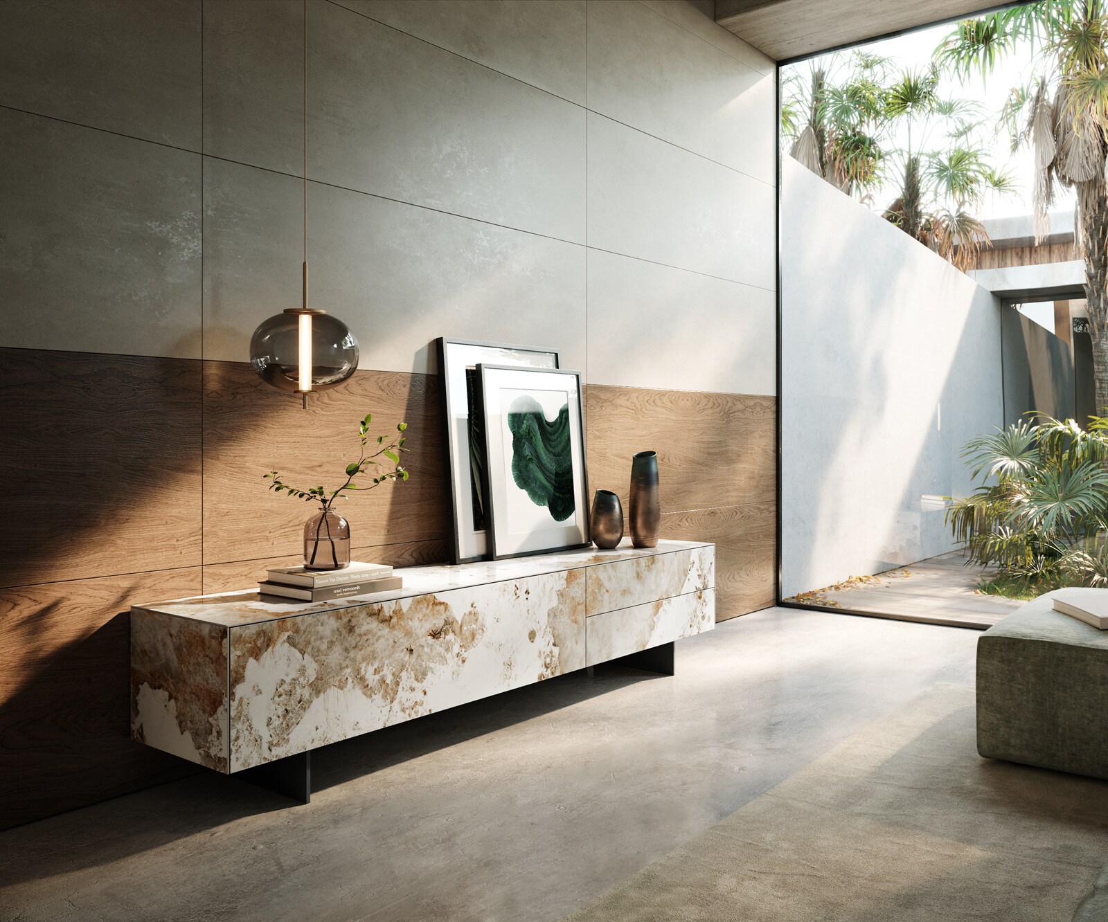 Tv-meubel Cuor 220 cm Keramiek Minas Melange Wit-beige 1 Flap 2 Laden Zwevende voet look Metaal Zwart 1