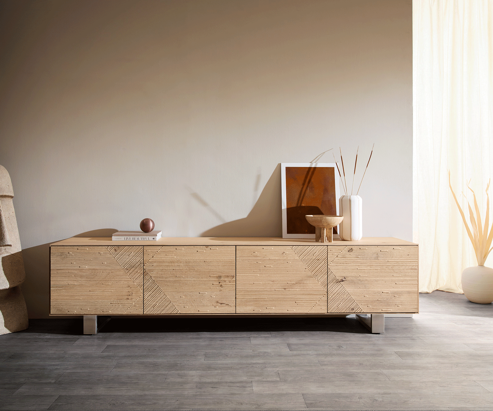 TV-meubel Tereos 220 cm eiken natuur 3D-effect 4 deuren glijvoeten geborsteld RVS 4