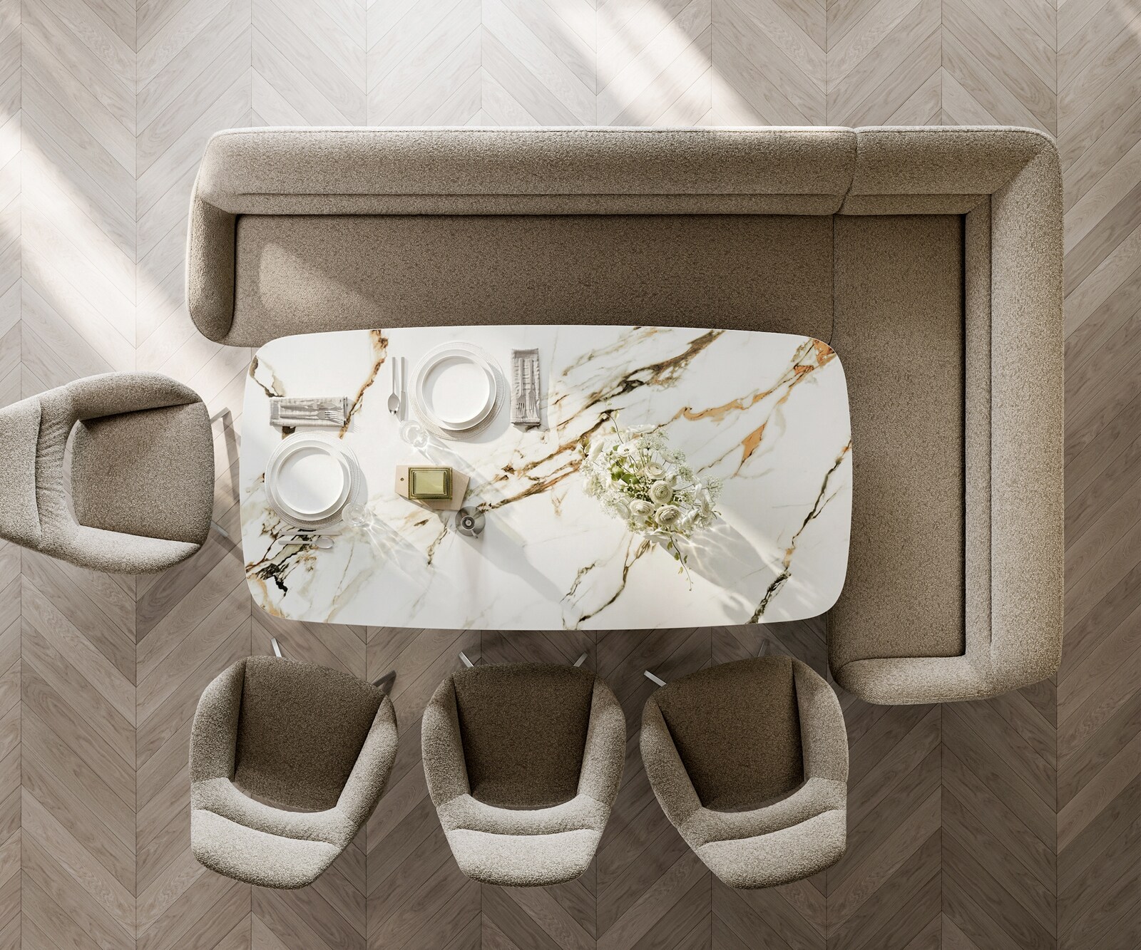 Eetkamerbank Taya-Flex 285x190 cm bouclé mud gekant sledeframe roestvrij staal pocketvering links 6