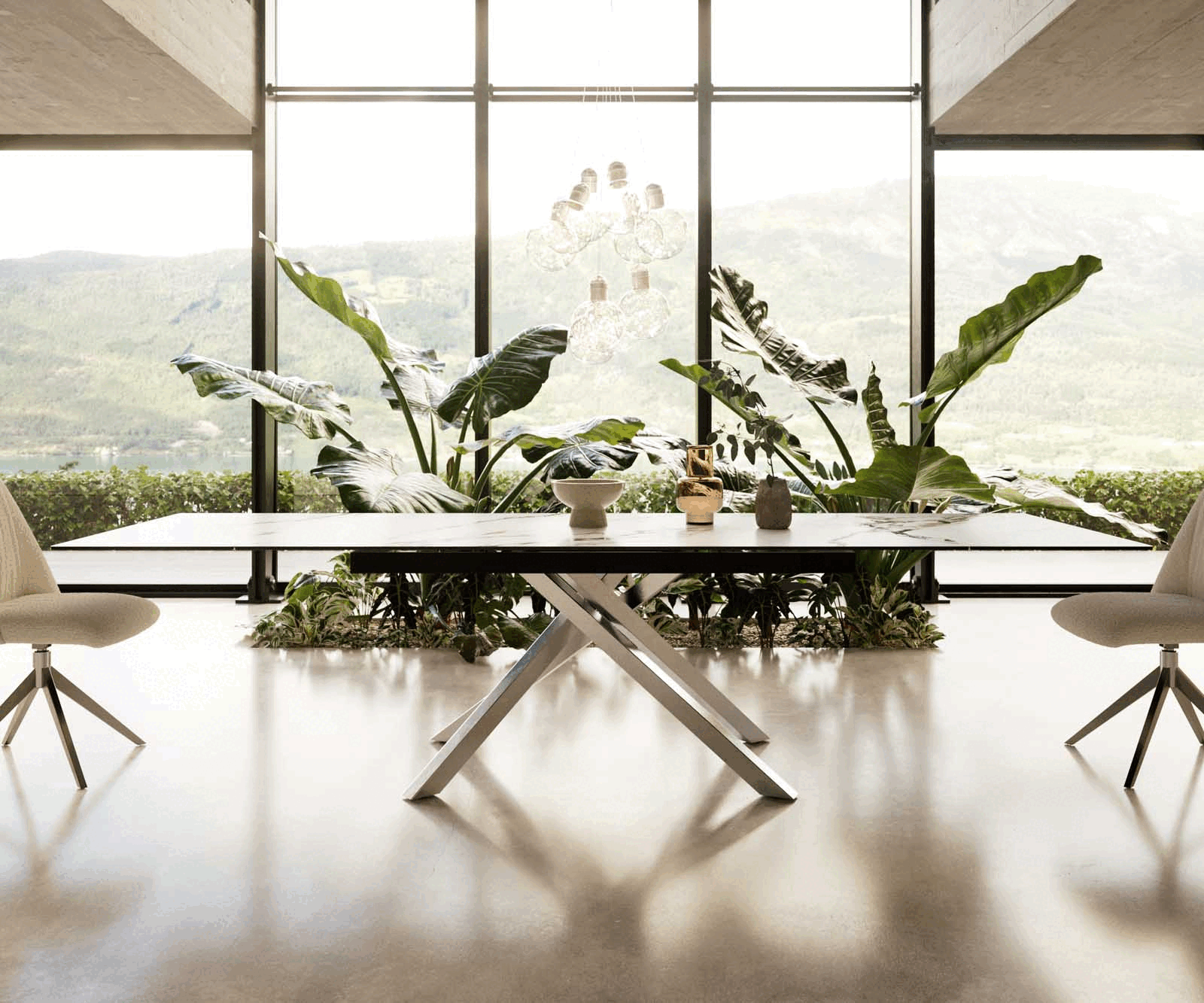 Eetkamertafel Edge 200-300x100 keramiek Calacatta Luxe wit-goud-grijs kruisframe rechthoek RVS uitschuifbaar 1
