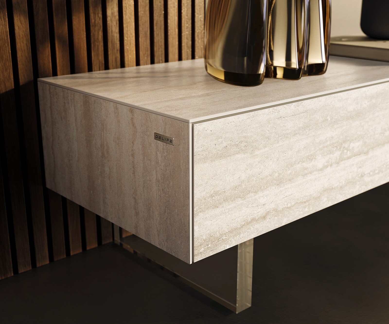 Tv-meubel Cuor 200 cm Keramiek Laminam® Travertino Bianco Crème-wit 1 Flap 1 Lade Zwevende voet look Acrylglas 5
