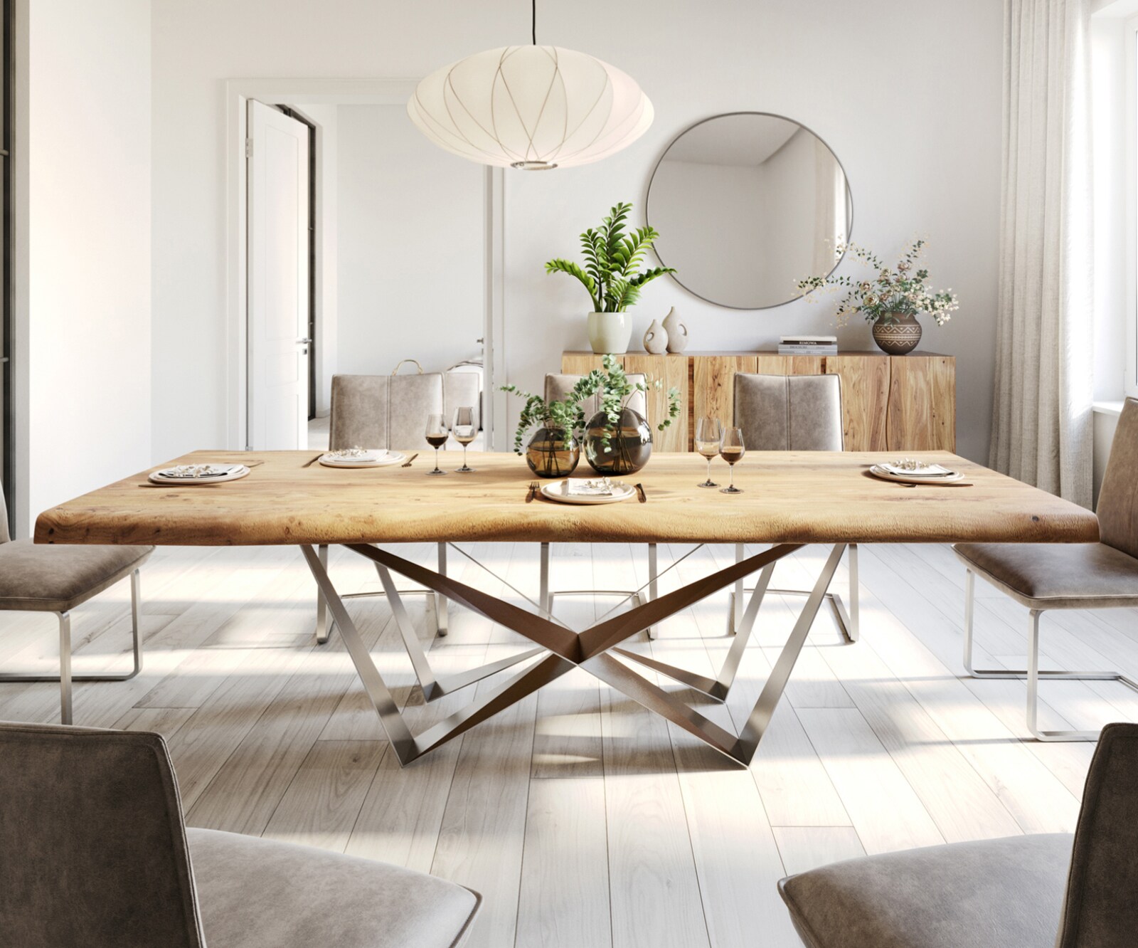Eettafel Edge 280x100 XL acacia natuur Spider staal  roestvrij staal  Live-Edge 2