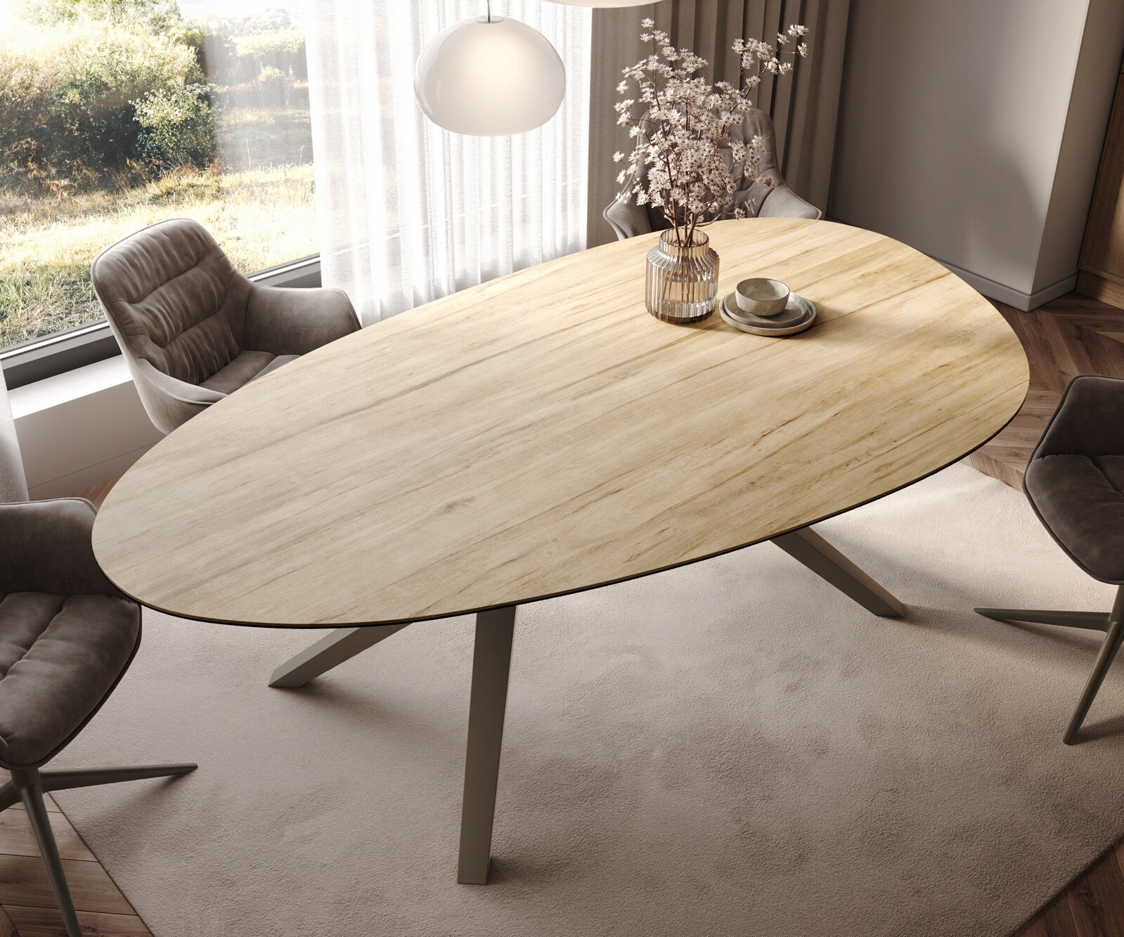 Eetkamertafel Edge ovaal 220x120 keramiek Laminam® Sabbia eiken kleur Zenthara hoekig metaal effectafwerking titaan 4