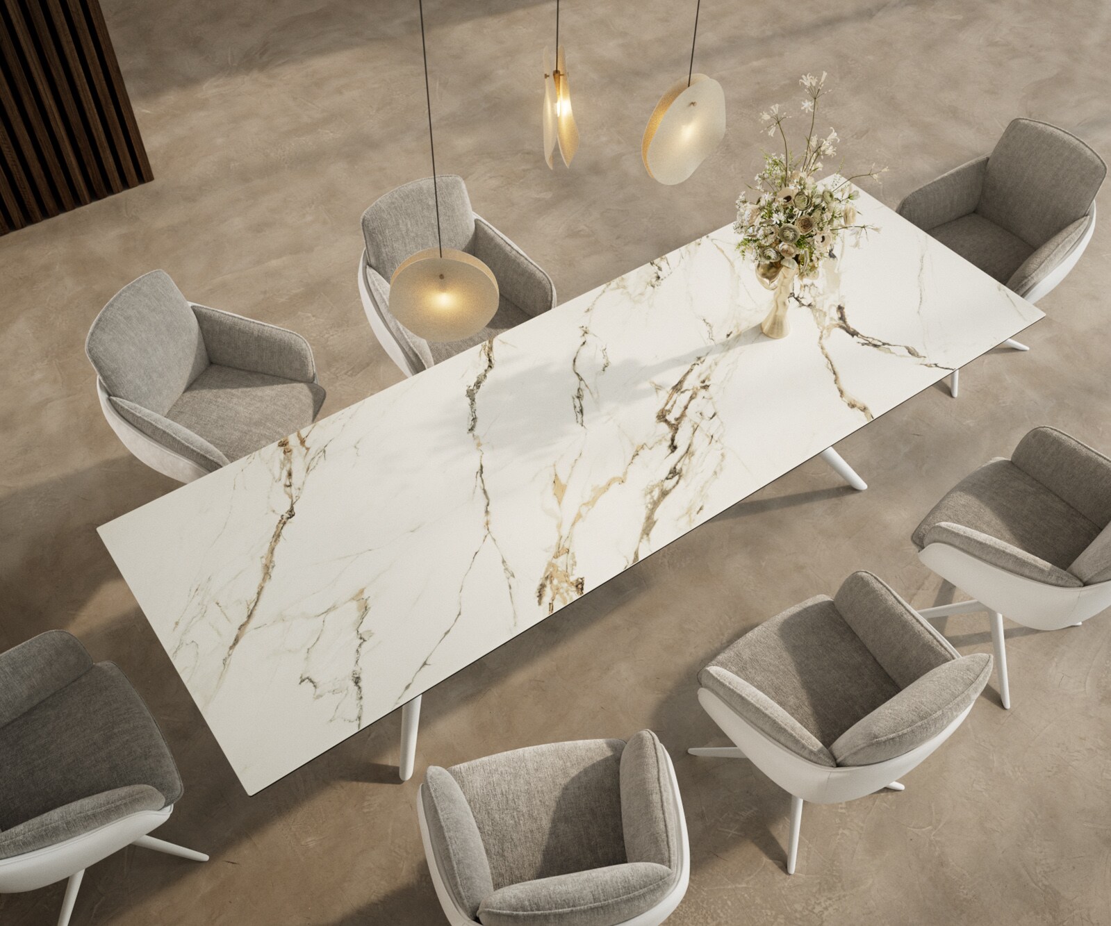 Eetkamertafel Edge 300x100 keramiek Calacatta Luxe wit-Gold-grijs Estelar rond  metaal wit 3