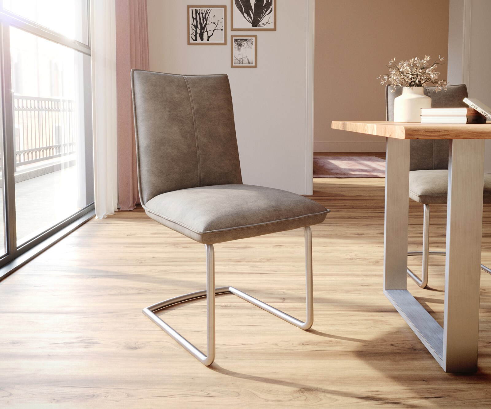 Sledemodel Lelio-Flex microvelours taupe vintage sledemodel rond roestvrij staal pocketveer kern