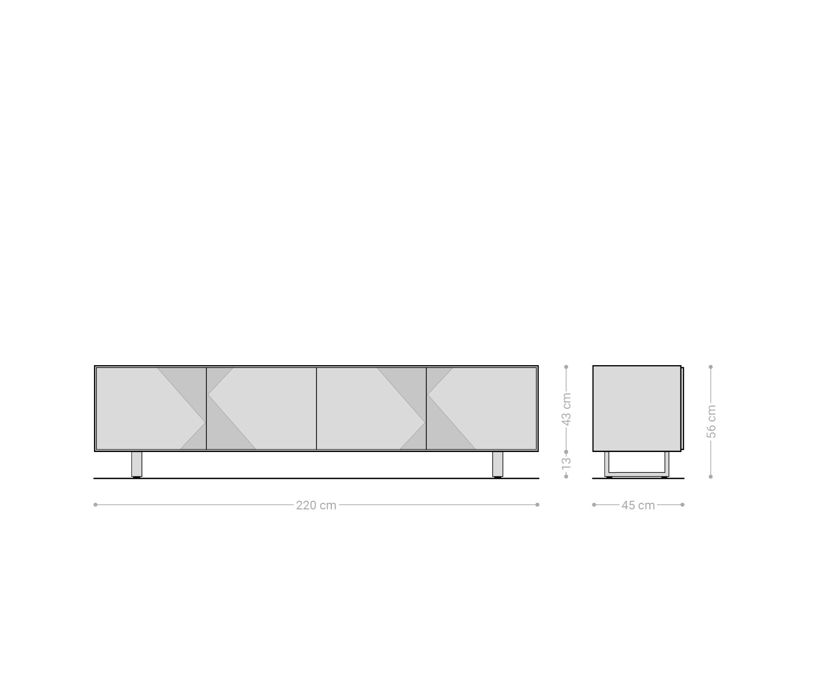 TV-meubel Tereos 220 cm essenhout donkerbruin 3D-effect 4 deuren met metalen sledepoten zwart 6
