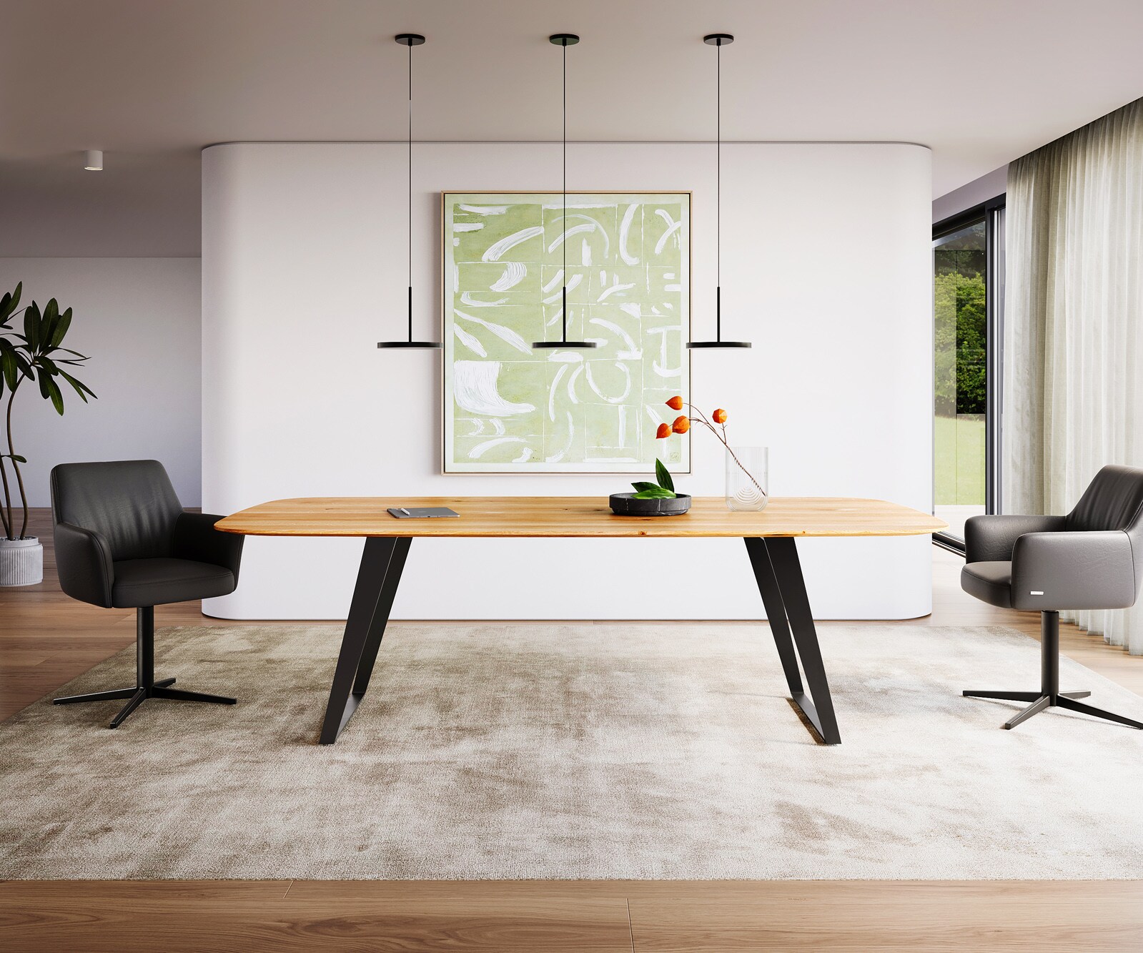 Eettafel Edge Boot 240x120x2,5-3 eiken natuur metaal schuin zwart Zwitserse rand 1