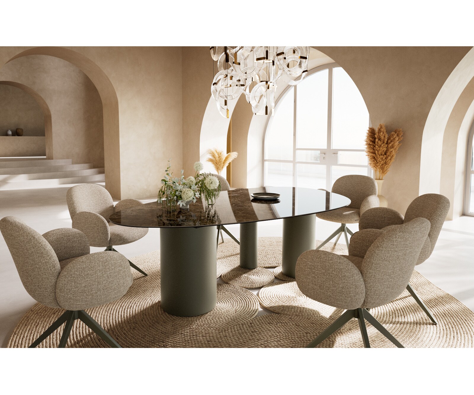 Eettafel Edge Oval 220x120 keramiek  Laminam® Emperador Extra Lucidato donkerbruin Troa metaal effectafwerking Titan 6