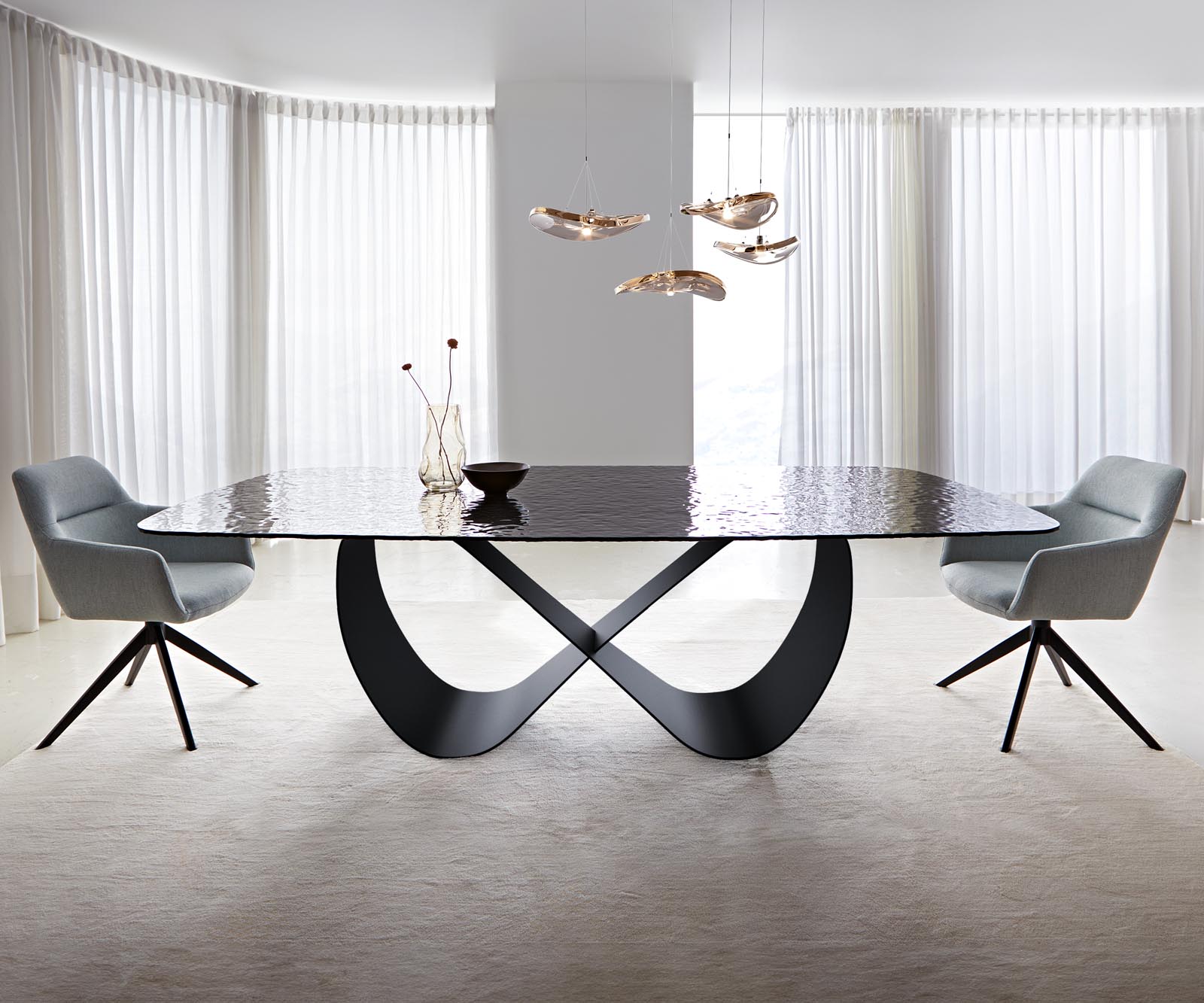 Eettafel Edge Boot 240x120 Reliëf glas Rook zwart 3D design Infinity metaal zwart 1