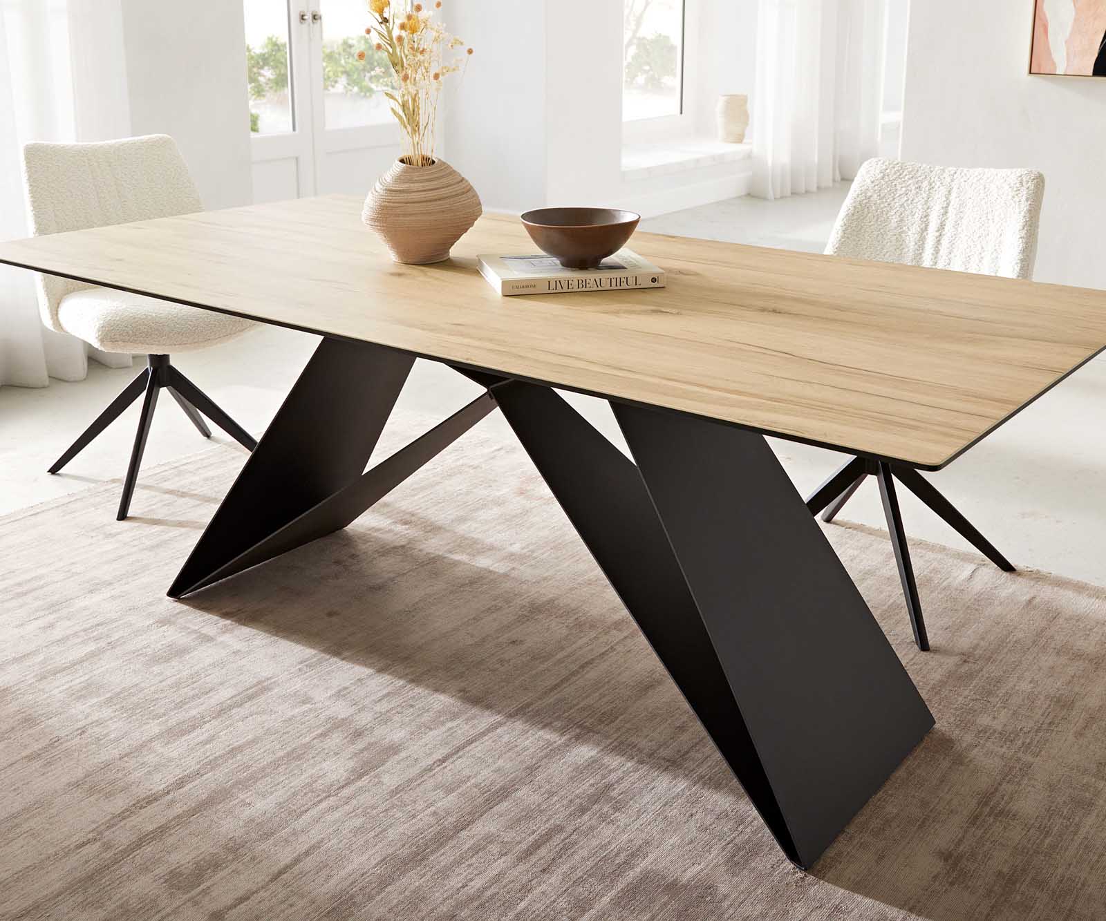 Eetkamertafel Edge 200x100 keramiek Laminam® Sabbia eiken kleur V-frame vlak staal zwart 6 Eetkamertafel Edge 200x100 keramiek Laminam® Sabbia eiken kleur V-frame vlak staal zwart 6