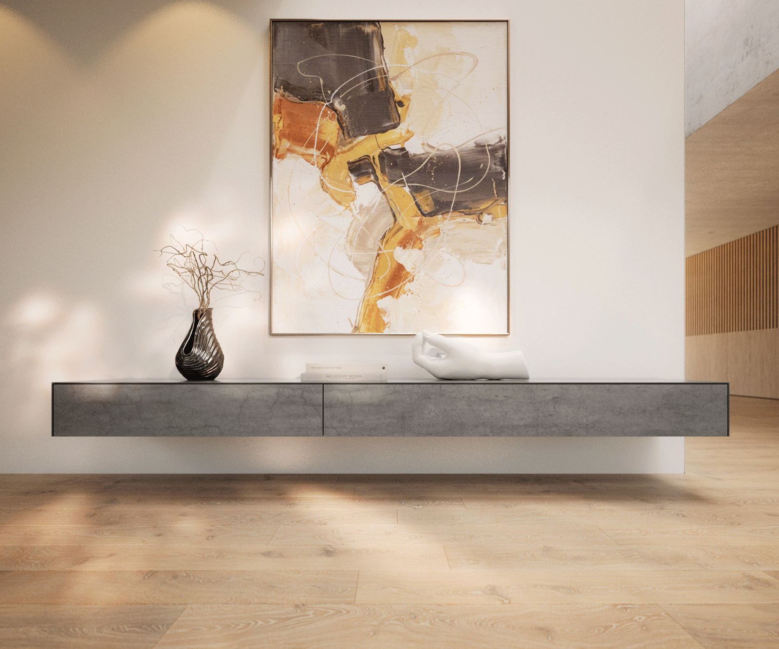 Tv-meubel Cuor 250 cm Keramiek Beton Grijs 1 Flap 1 Laden Zwevend 2