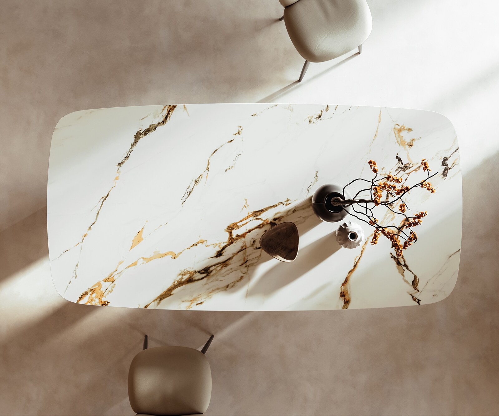 Eetkamertafel Edge Boot 240x120 keramiek Calacatta Luxe wit-Gold-grijs Troa roestvrij staal grafiet 5